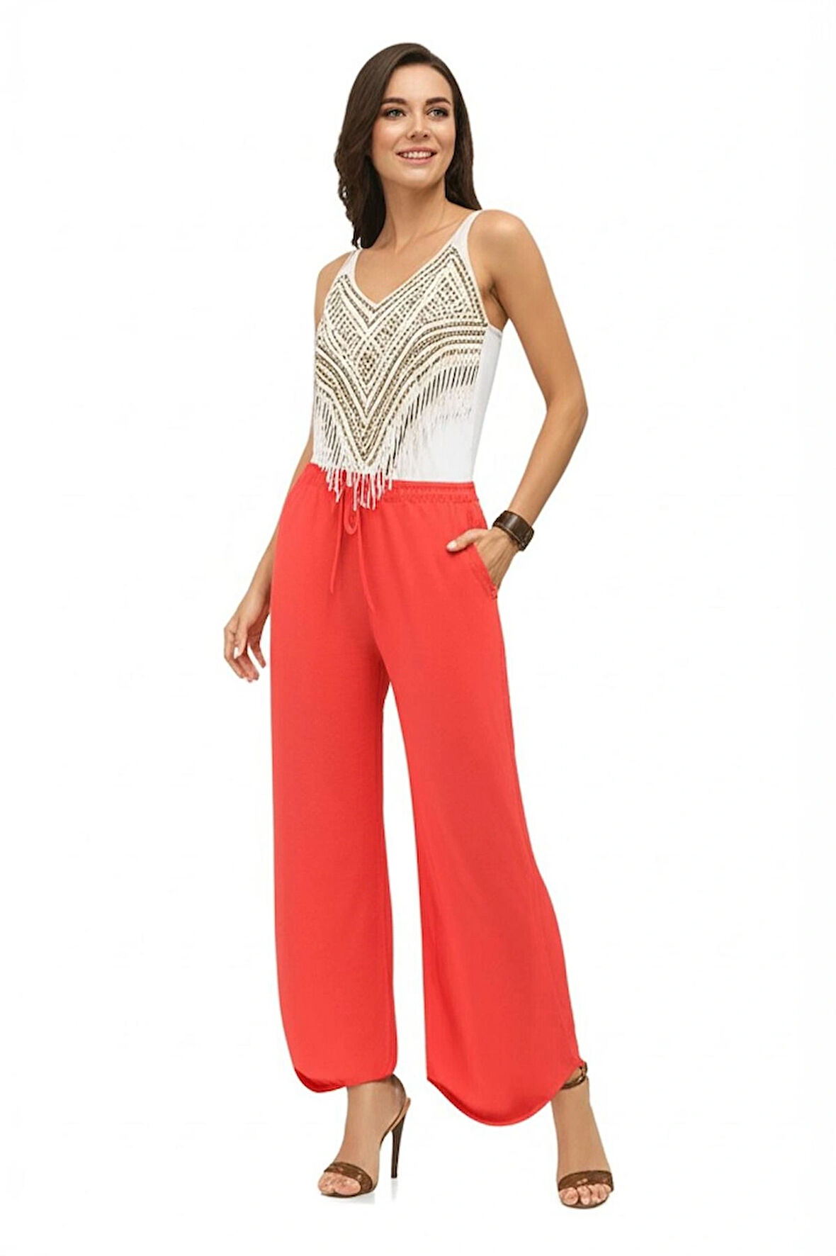 Oppland Kadın Düz Renk Rahat Kesim Beli Lastikli Aerobin Kumaş Pantolon Rahat