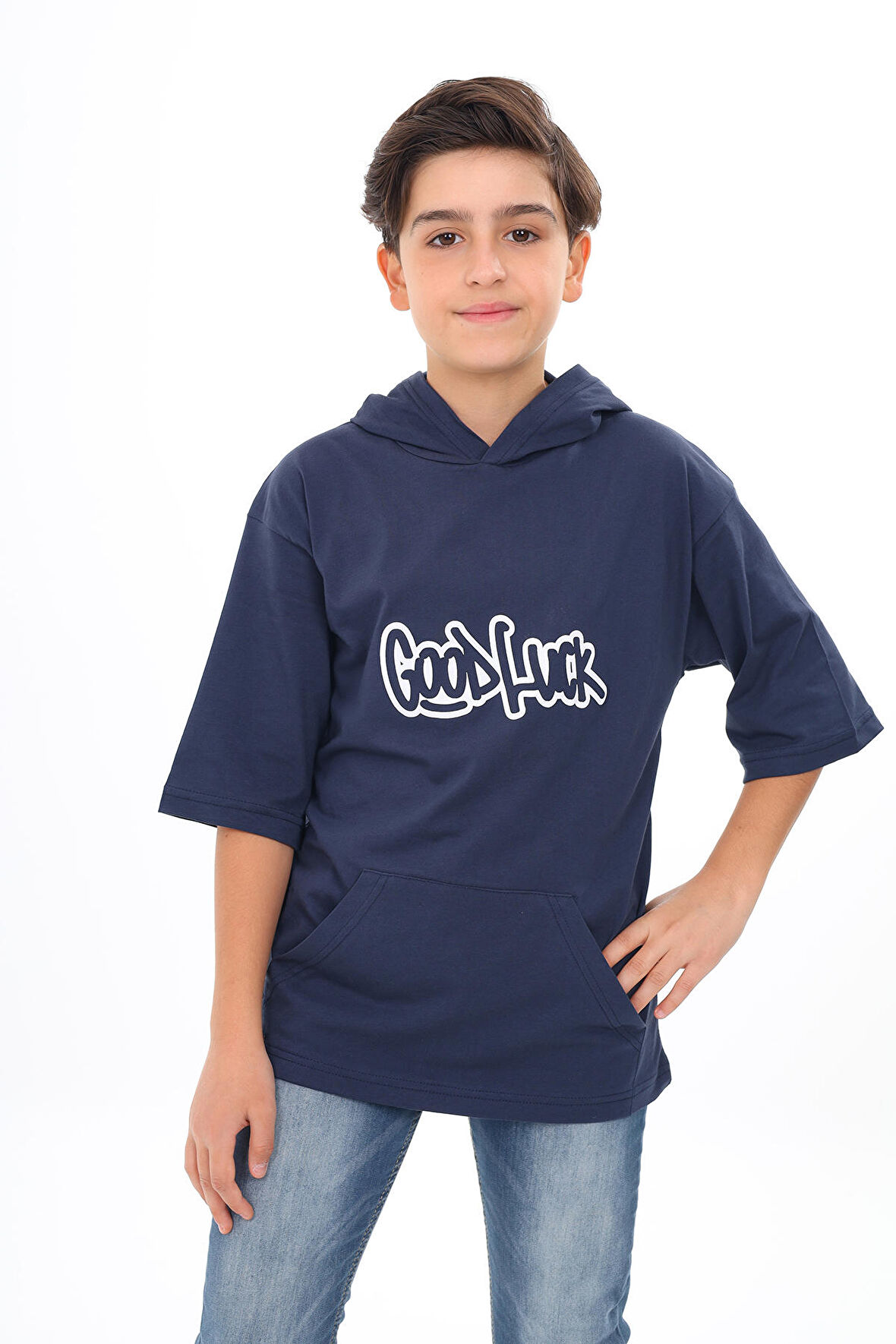 Erkek Çocuk Kapüşonlu Kanguru Cepli T-Shirt 9-14 Yaş Lx7072