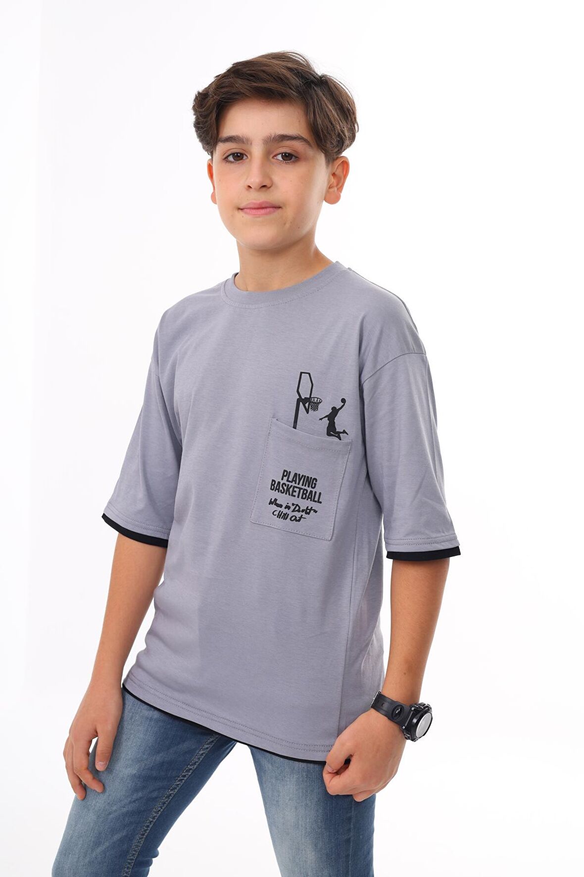 Erkek Çocuk Cep Baskılı T-Shirt 9-14 Yaş Lx6967