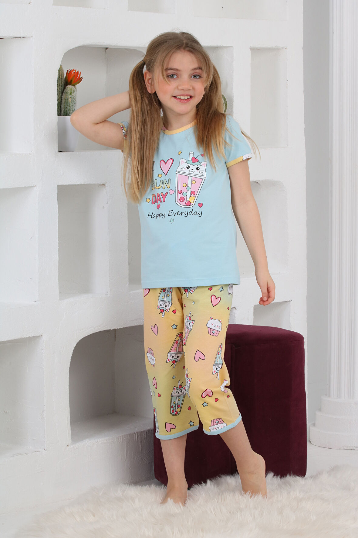 Kız Çocuk Kaprili-Baskılı Pijama Takımı 3-11 Yaş 6083-84