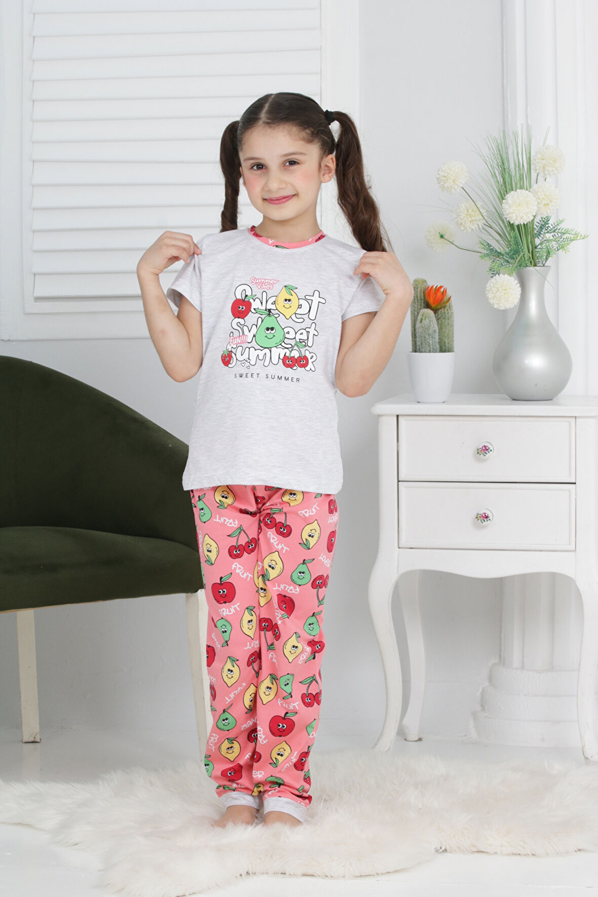 Kız Çocuk Meyve Baskılı Pijama Takımı 3-11 Yaş 6073-74