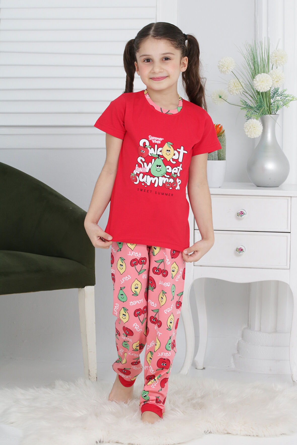 Kız Çocuk Meyve Baskılı Pijama Takımı 3-11 Yaş 6073-74