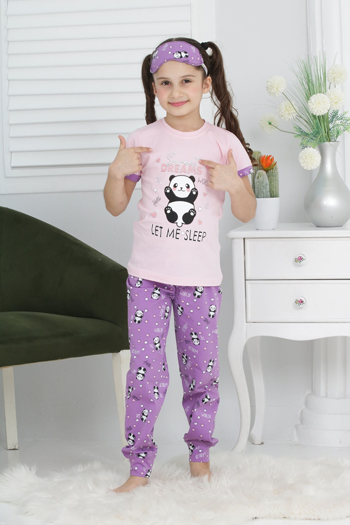 Kız Çocuk Uyku Bantlı-Pandalı Pijama Takımı 3-11 Yaş 6063-64