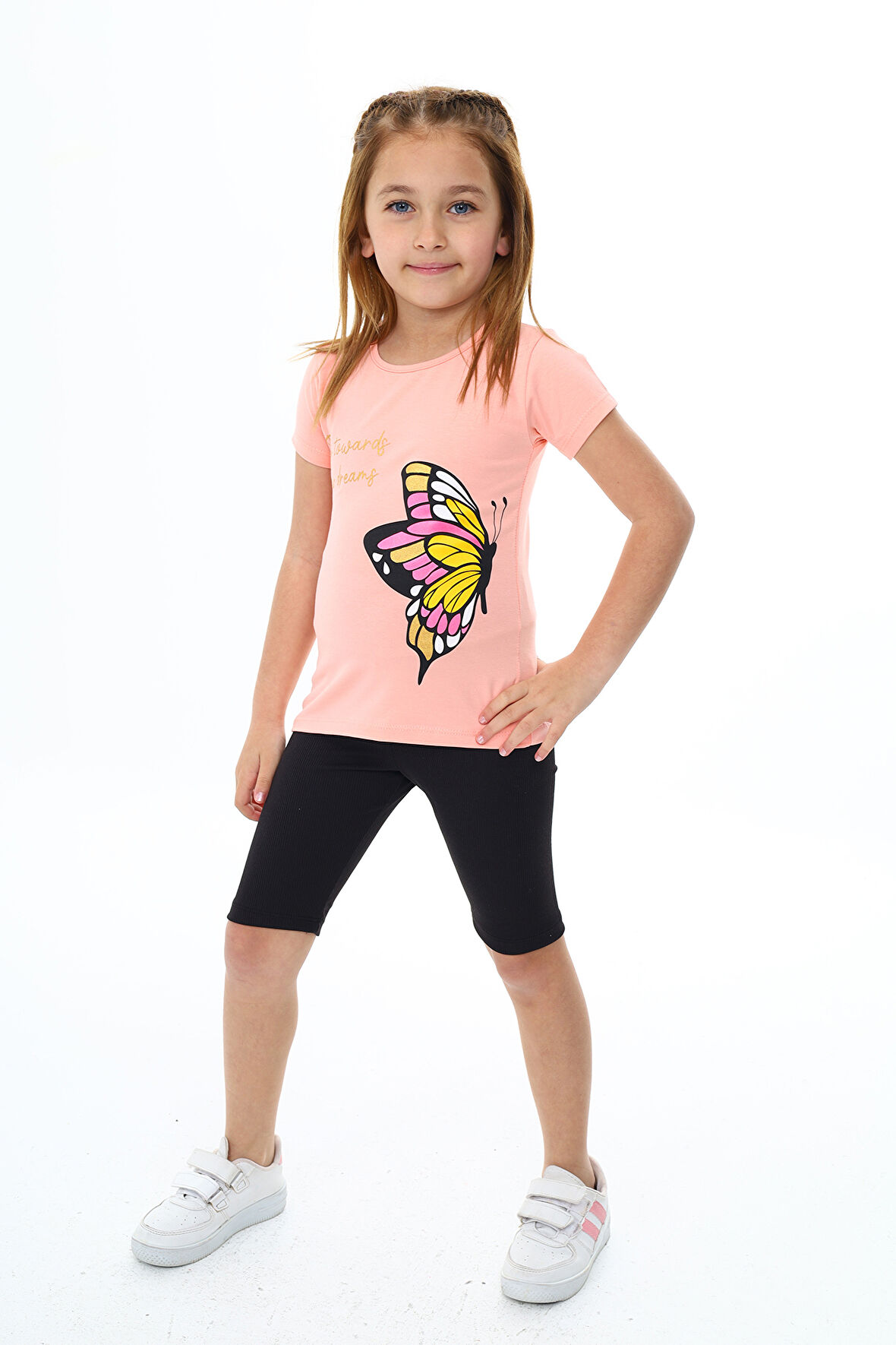 Kız Çocuk Kelebek Baskılı Kısa Taytlı Takım 3-13 Yaş Zu104