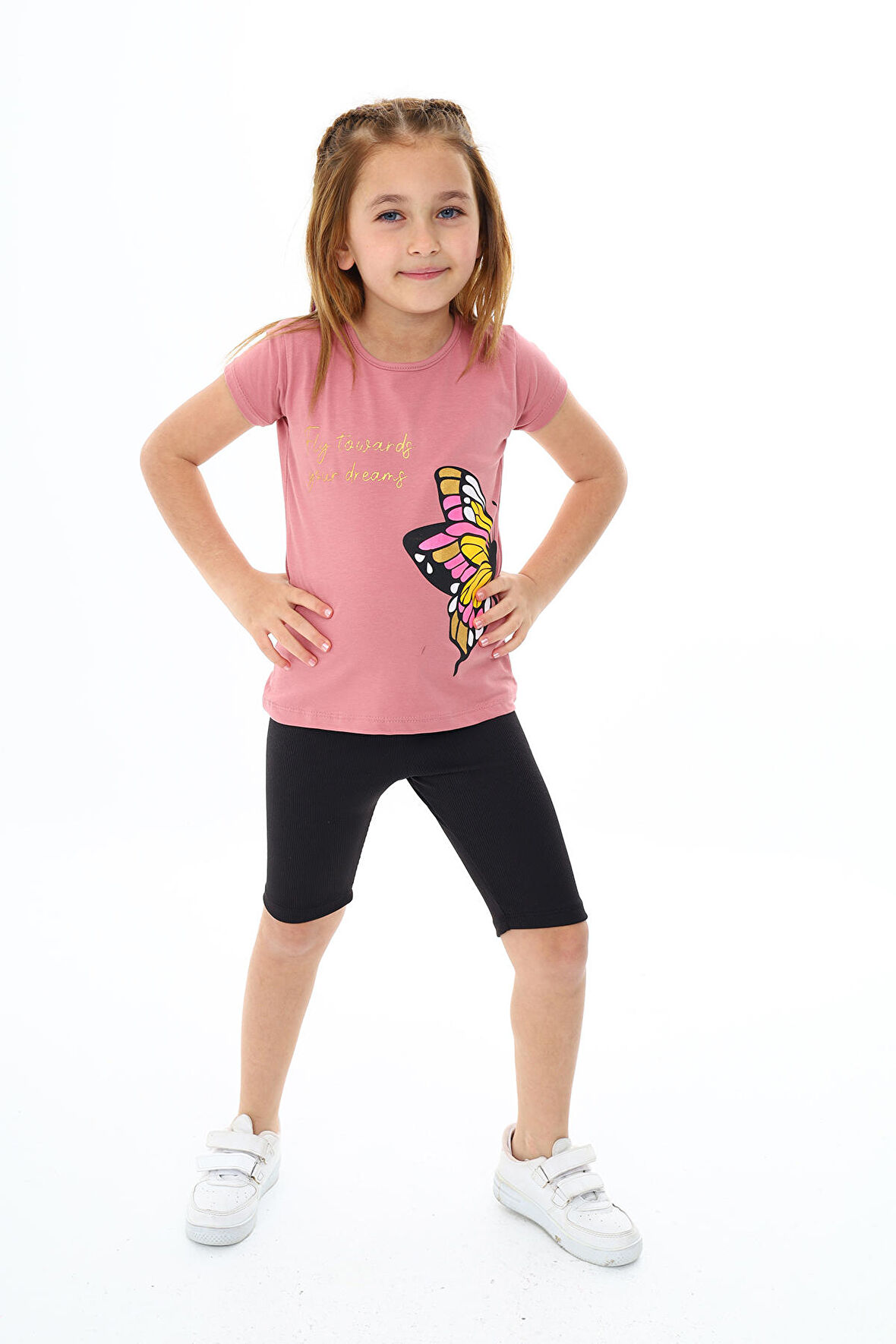 Kız Çocuk Kelebek Baskılı Kısa Taytlı Takım 3-13 Yaş Zu104