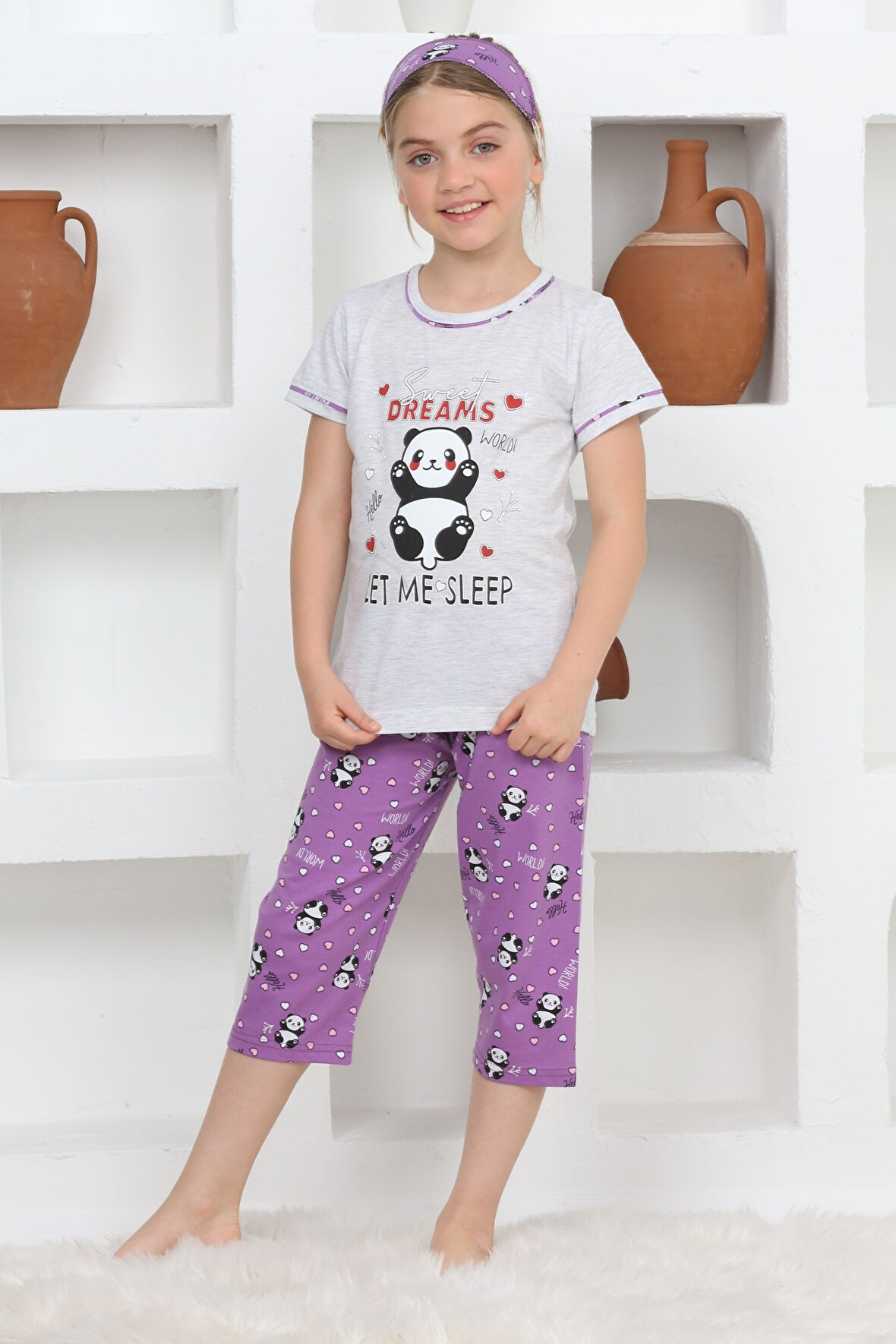 Kız Çocuk Uyku Bantlı-Kaprili-Panda Baskılı Pijama Takımı 3-15 Yaş 6112-14