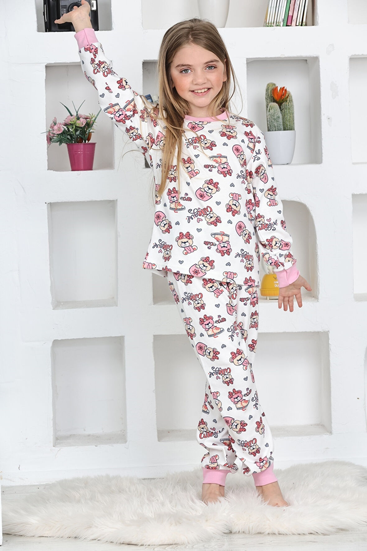 Kız Çocuk Sevimli Ayıcık Baskılı Pijama Takımı 1-11 Yaş 4924-26