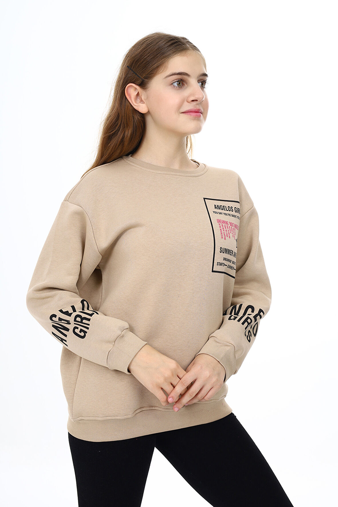 Kız Çocuk Yaka ve Bilek Baskılı 3 İplik Sweatshirt Px492.1