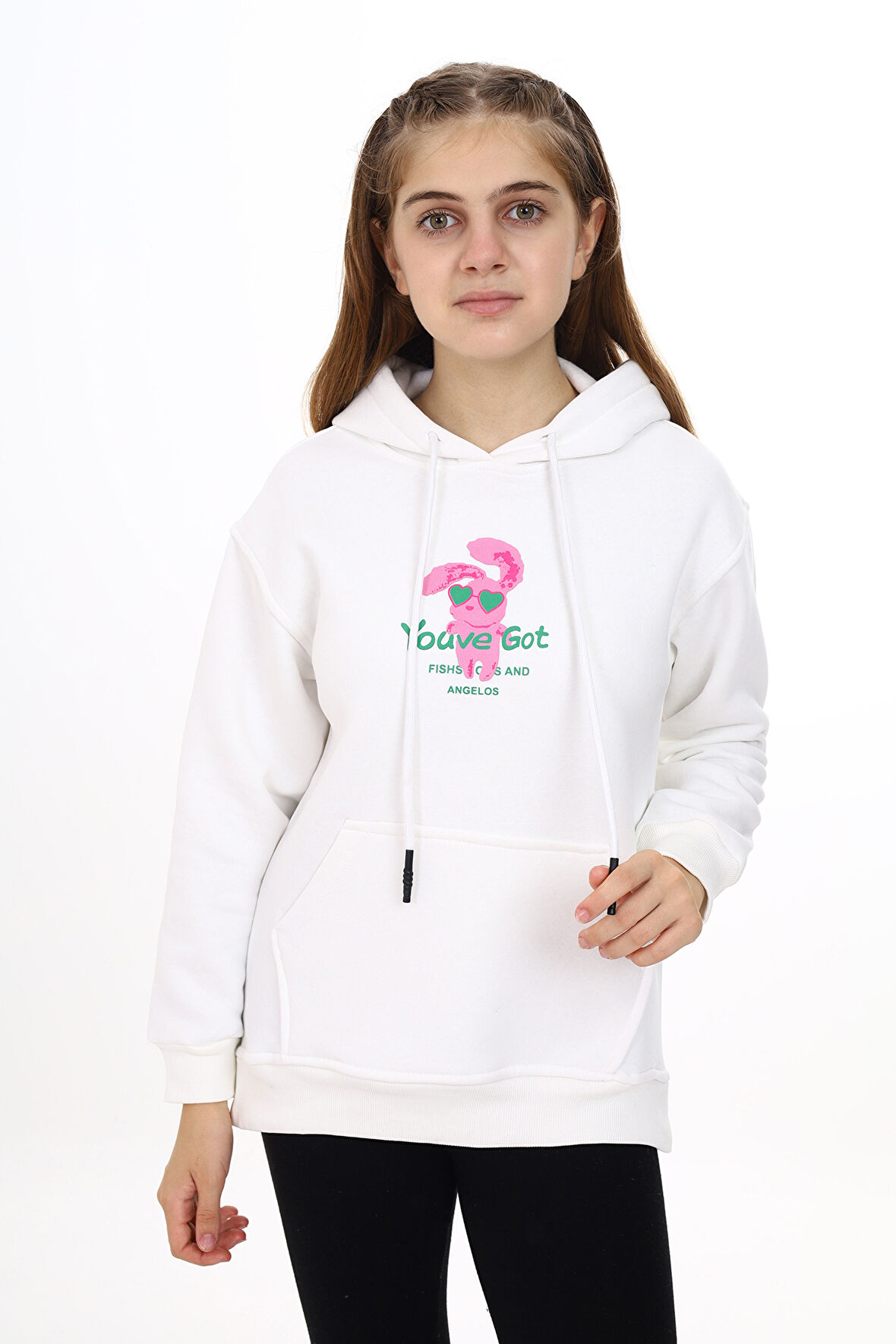 Kız Çocuk Tavşan Baskılı Kapüşonlu Sweatshirt Px872