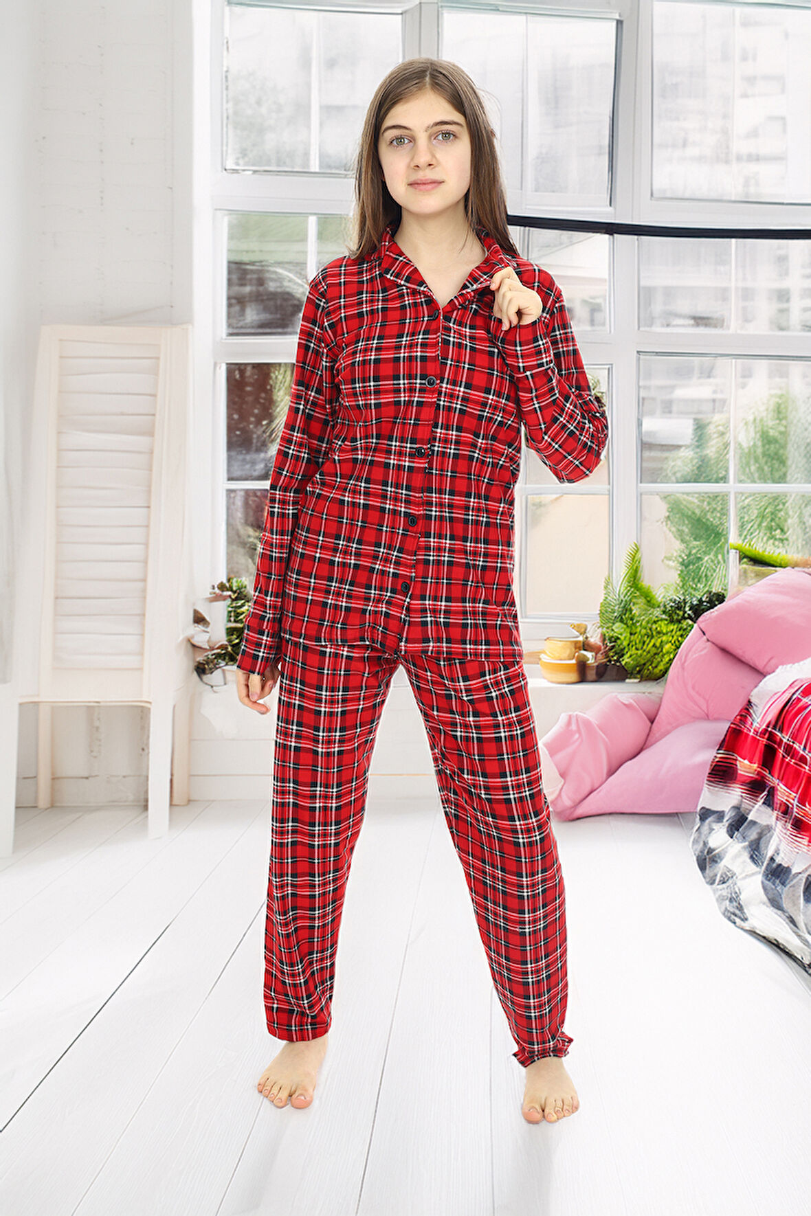 Kız Çocuk Ekose Pijama Takımı 12164