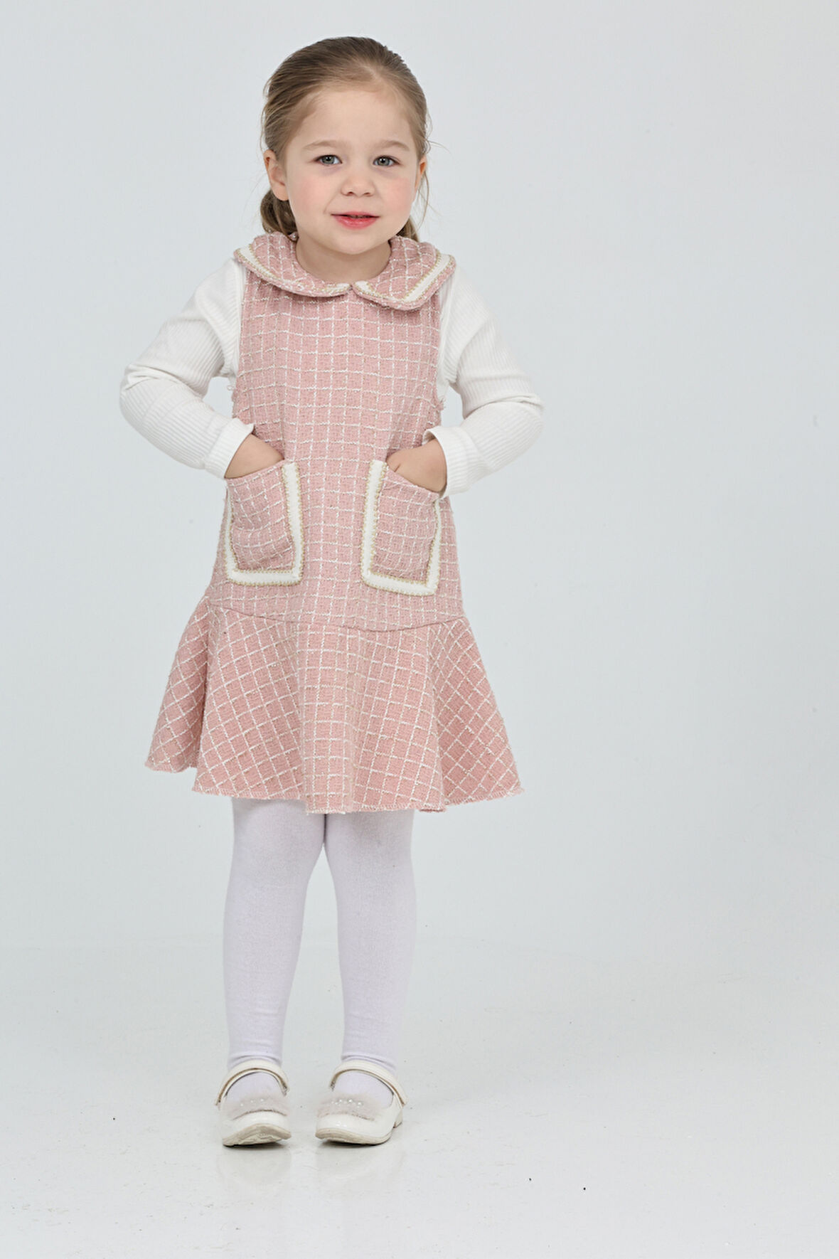 Kız Çocuk Şanel Kumaş Cepli  2'li Elbise (Elbise+Bady Bluz)12175
