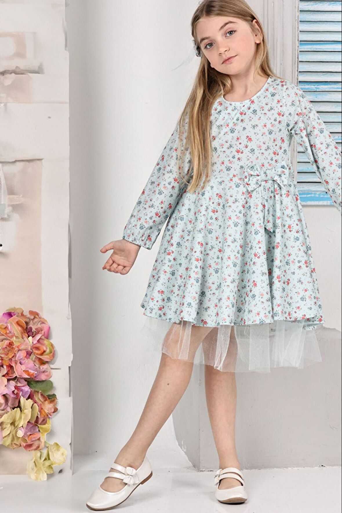 Kız Çocuk Kloş Elbise Çiçek Desenli Ve Etek Ucu Tüllü 12178