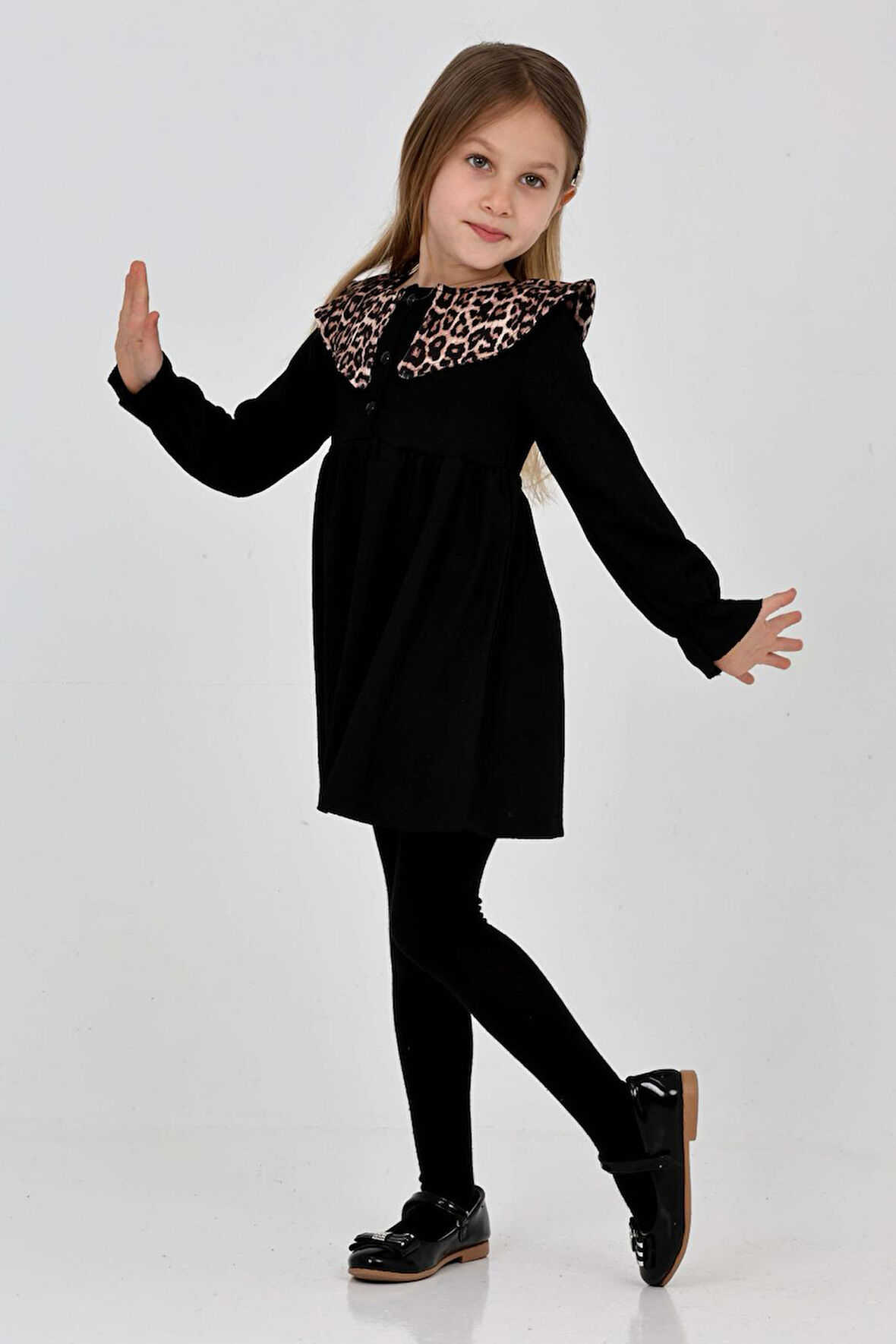 Kız Çocuk Yaka Desenli Bürümcük Elbise 12190