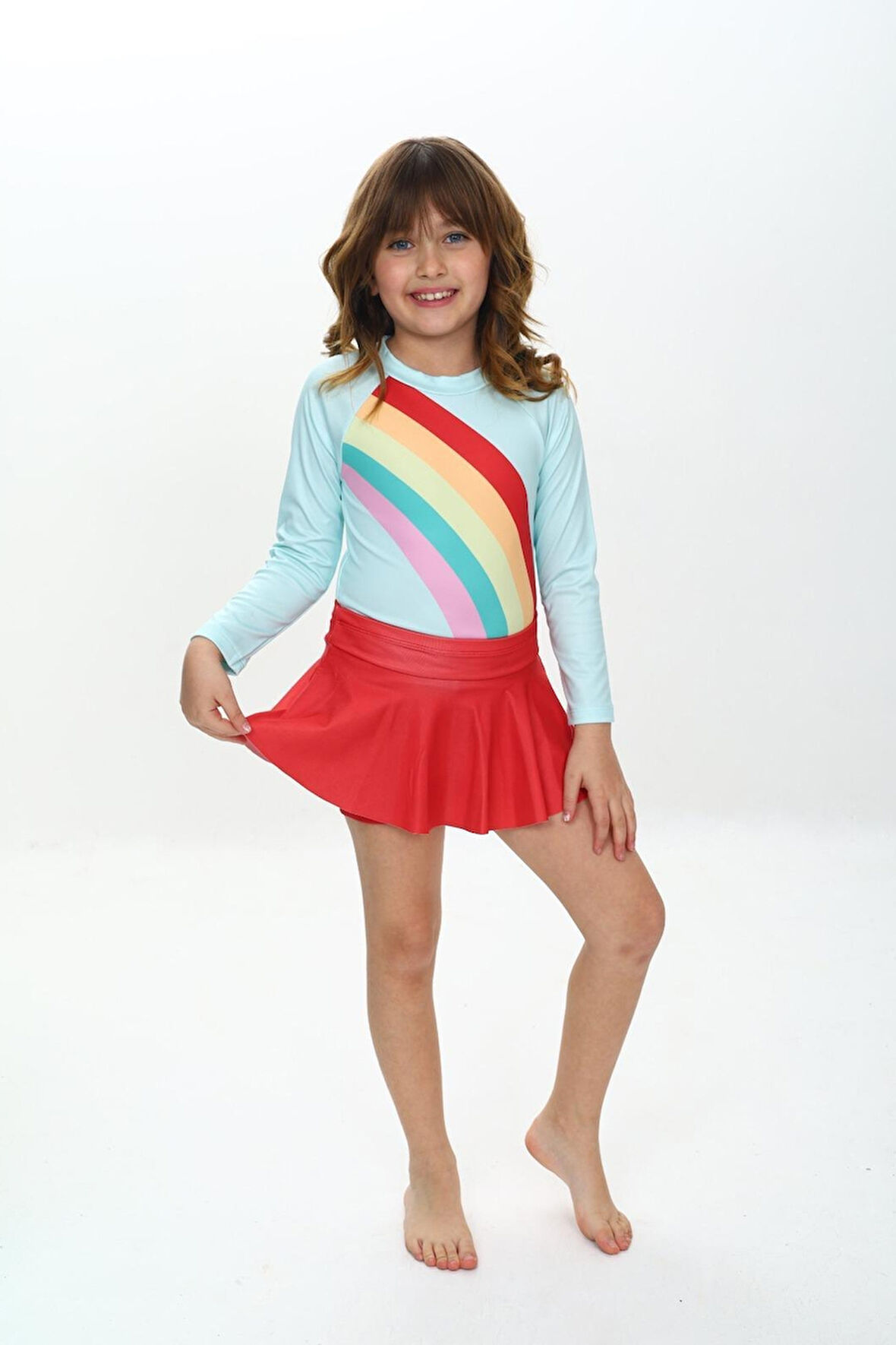 Kız Çocuk Şort Etekli Uzun Kollu Mayo Takımı 3-10 Yaş 12227
