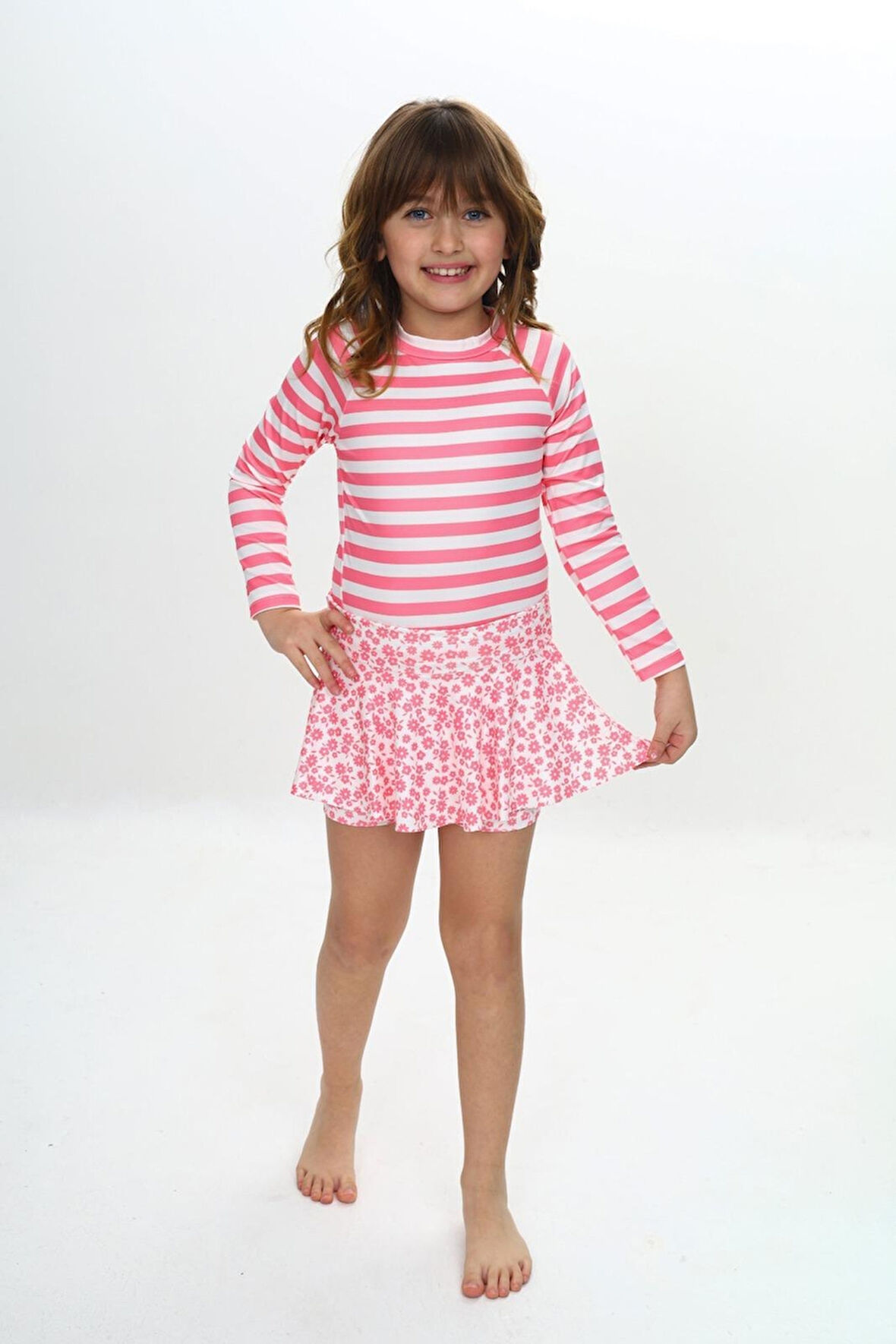 Kız Çocuk Şort Etekli Uzun Kollu Mayo Takımı 3-10 Yaş 12227