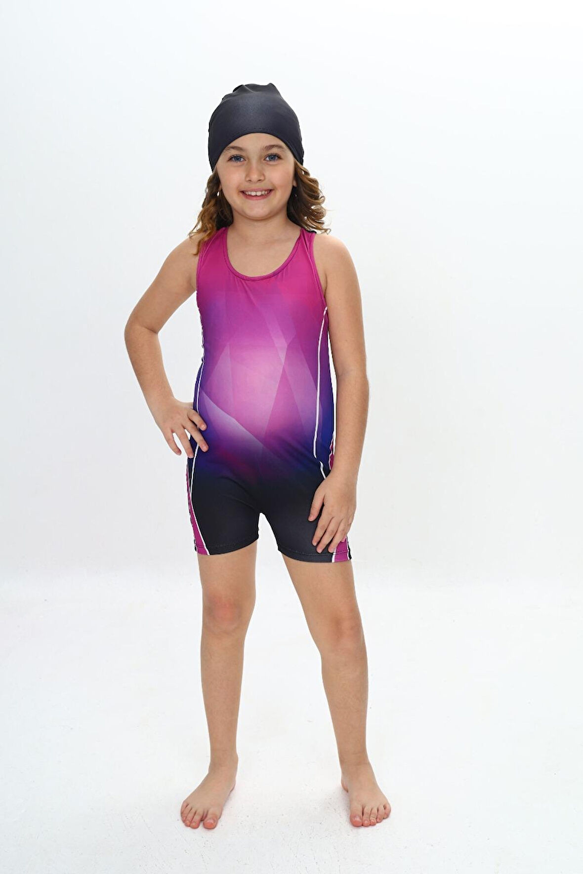 Kız Çocuk Yüzücü Şortlu ve Boneli Tulum Mayo Takımı 5-16 Yaş 12232