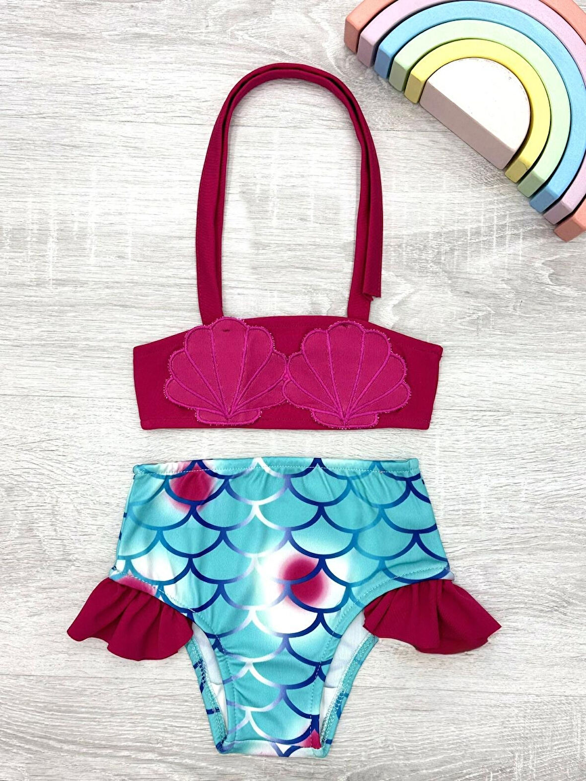 Kız Çocuk Deniz Kabuğu Nakışlı ve Fırfırlı Mayo Takımı  2-8 Yaş 12212