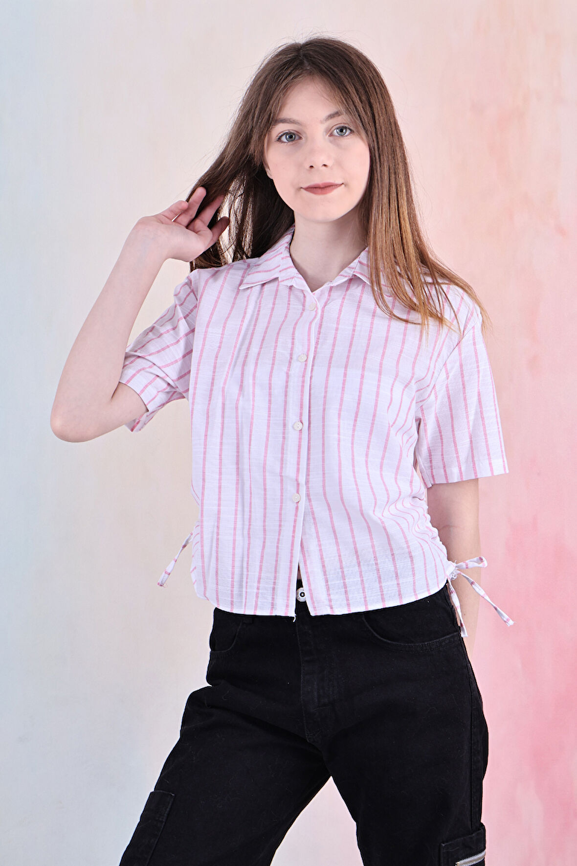 Kız Çocuk Büzgü Detaylı-Çizgi Desenli Crop Gömlek 6-14 Yaş 12251