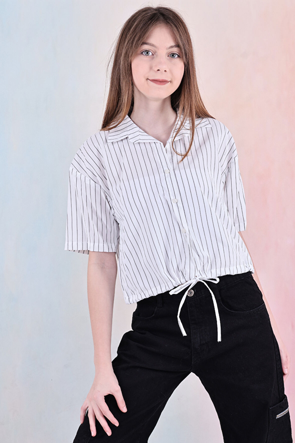 Kız Çocuk Bel Büzgü Detaylı Crop Gömlek 6-14 Yaş 12253