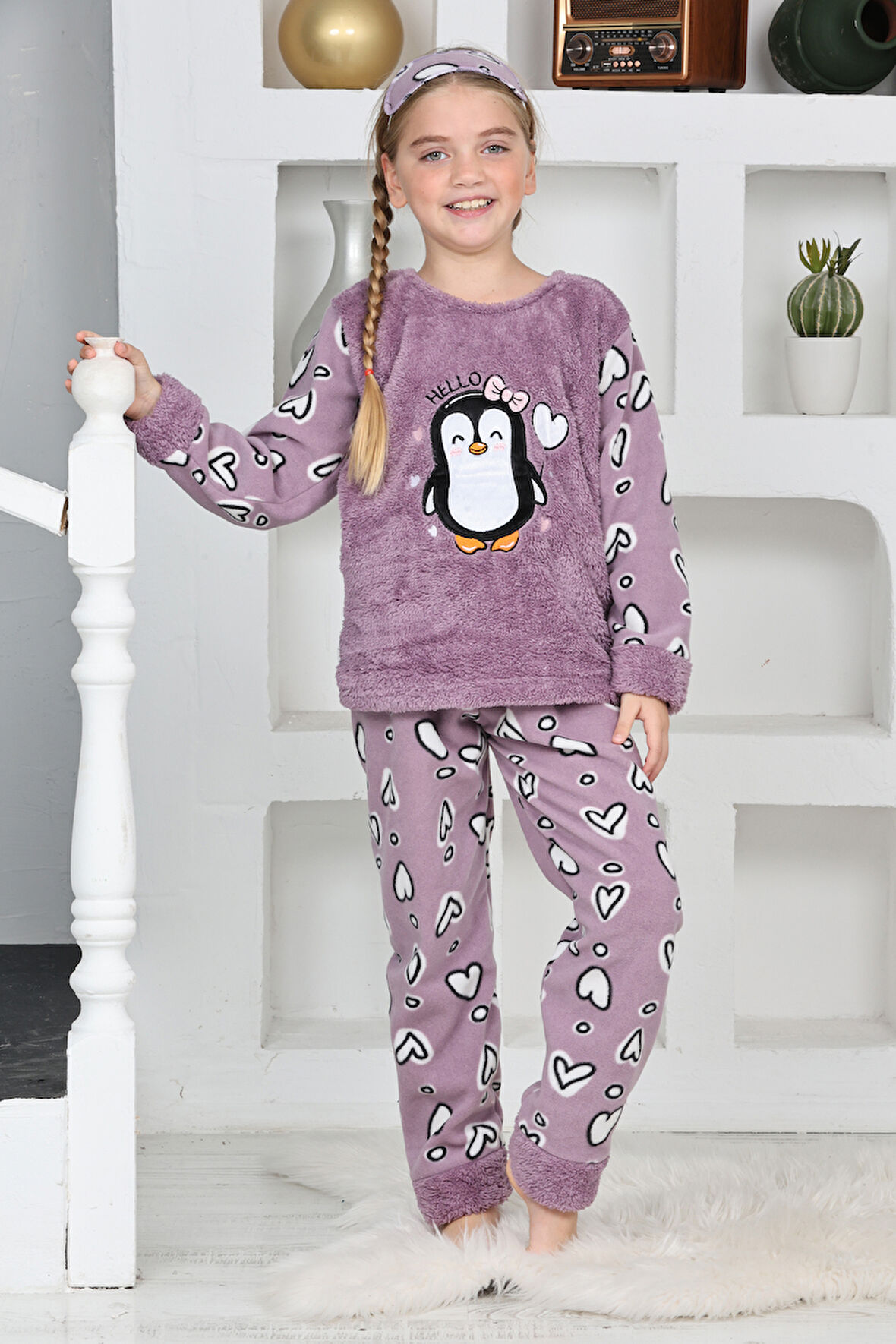 Kız Çocuk Peluş Kumaş-Göz Bantlı Penguenli Pijama Takımı 12281