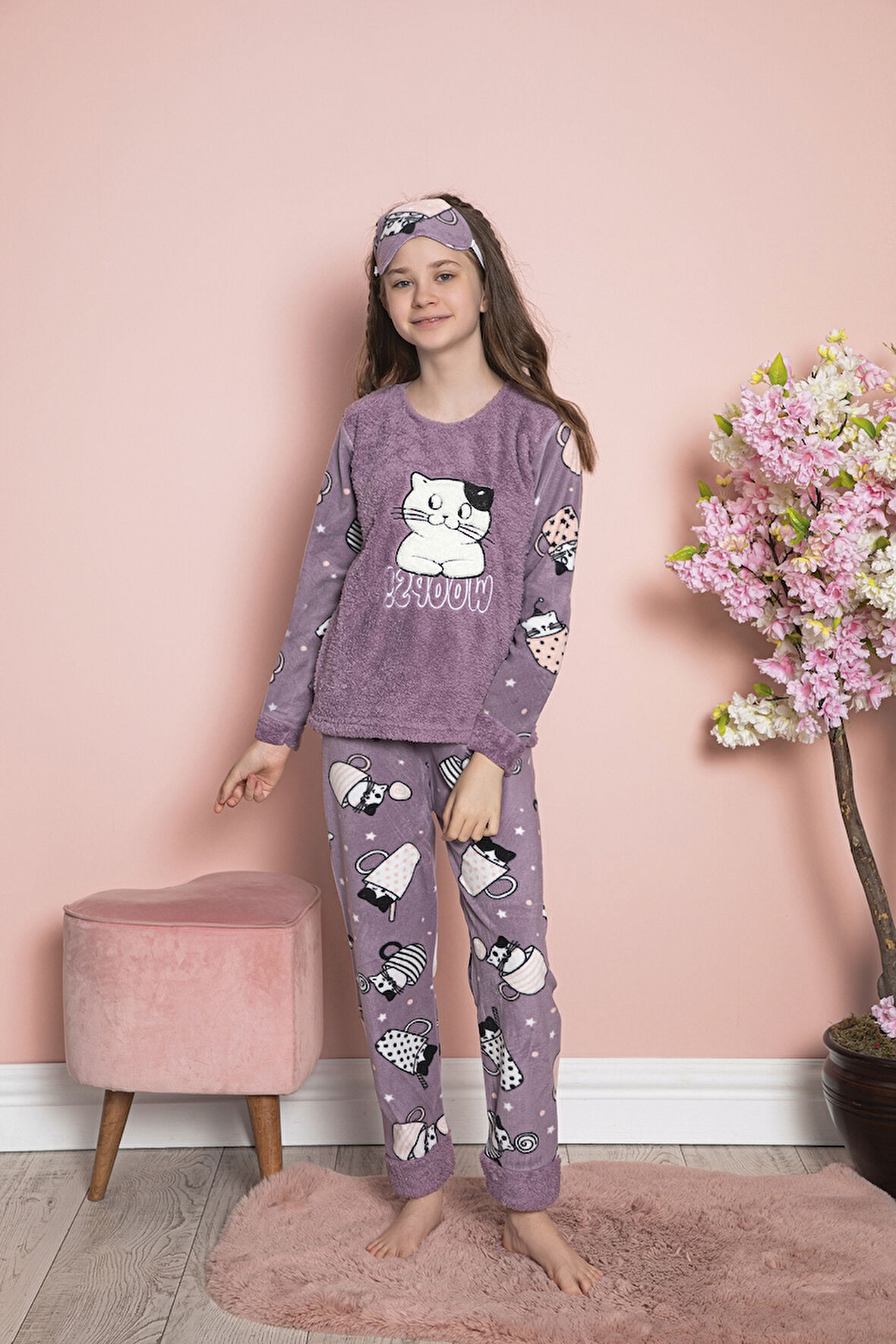 Kız Çocuk Welsoft Kumaş-Göz Bantlı Kedicik Baskılı Pijama Takımı 12282
