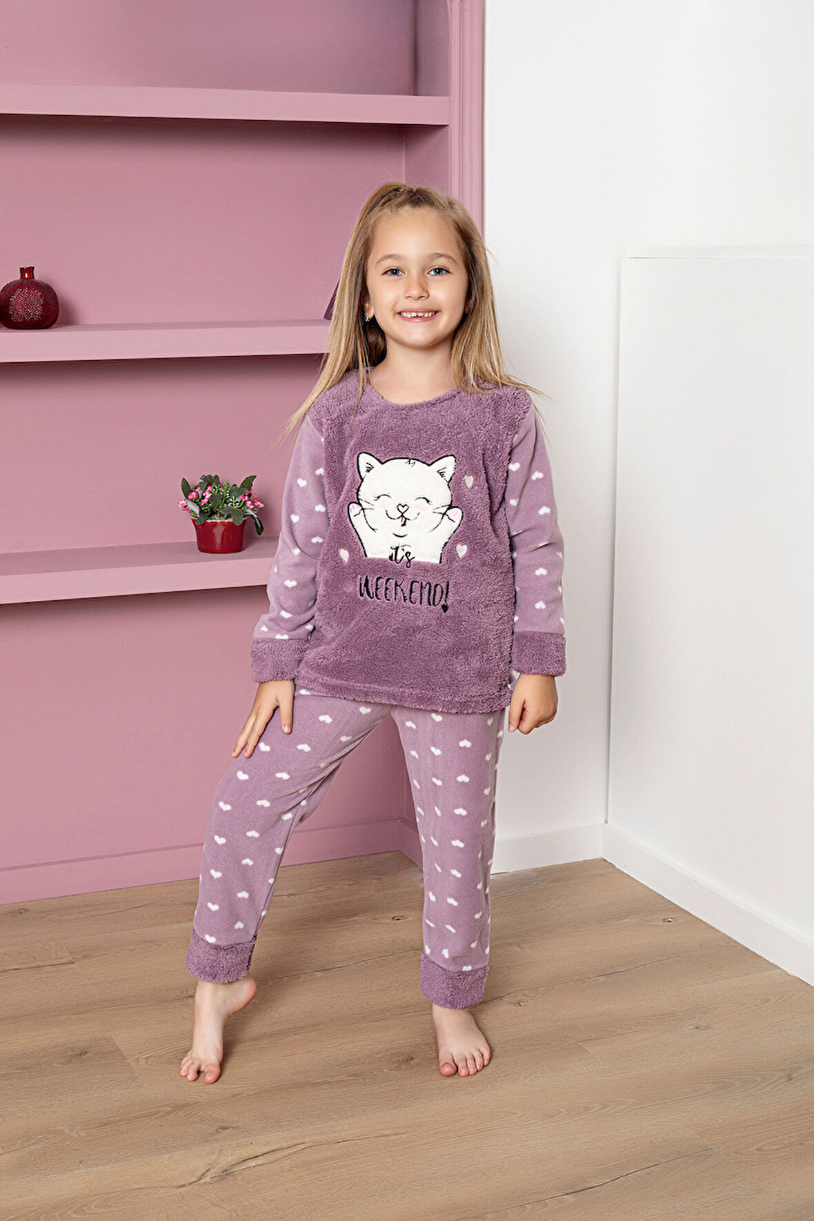 Kız Çocuk Welsoft Kumaş-Göz Bantlı Kedi ve Kalp Baskılı Pijama Takımı 12289