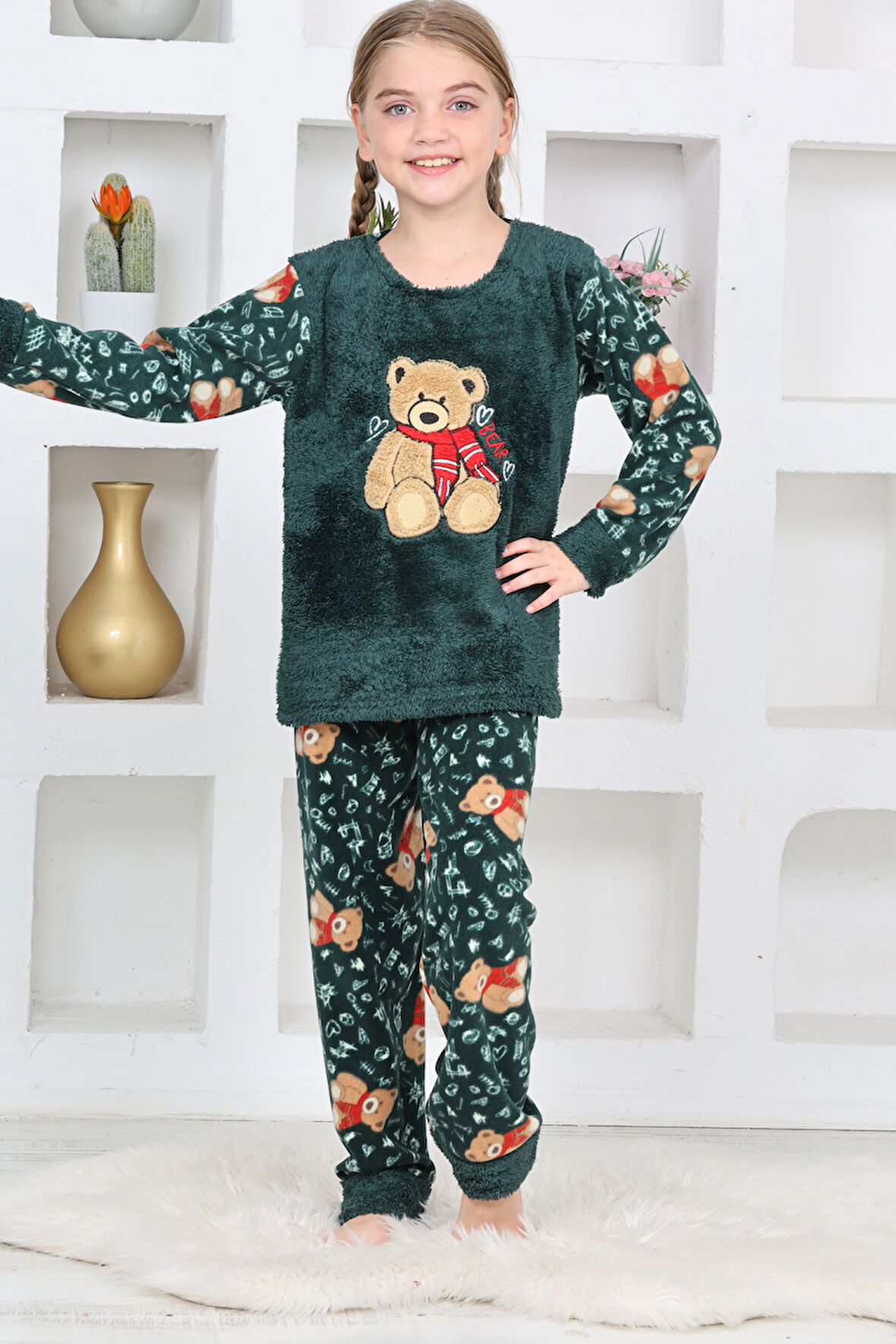 Kız Çocuk Welsoft Kumaş-Göz Bantlı Ayıcık Baskılı Pijama Takımı 12293