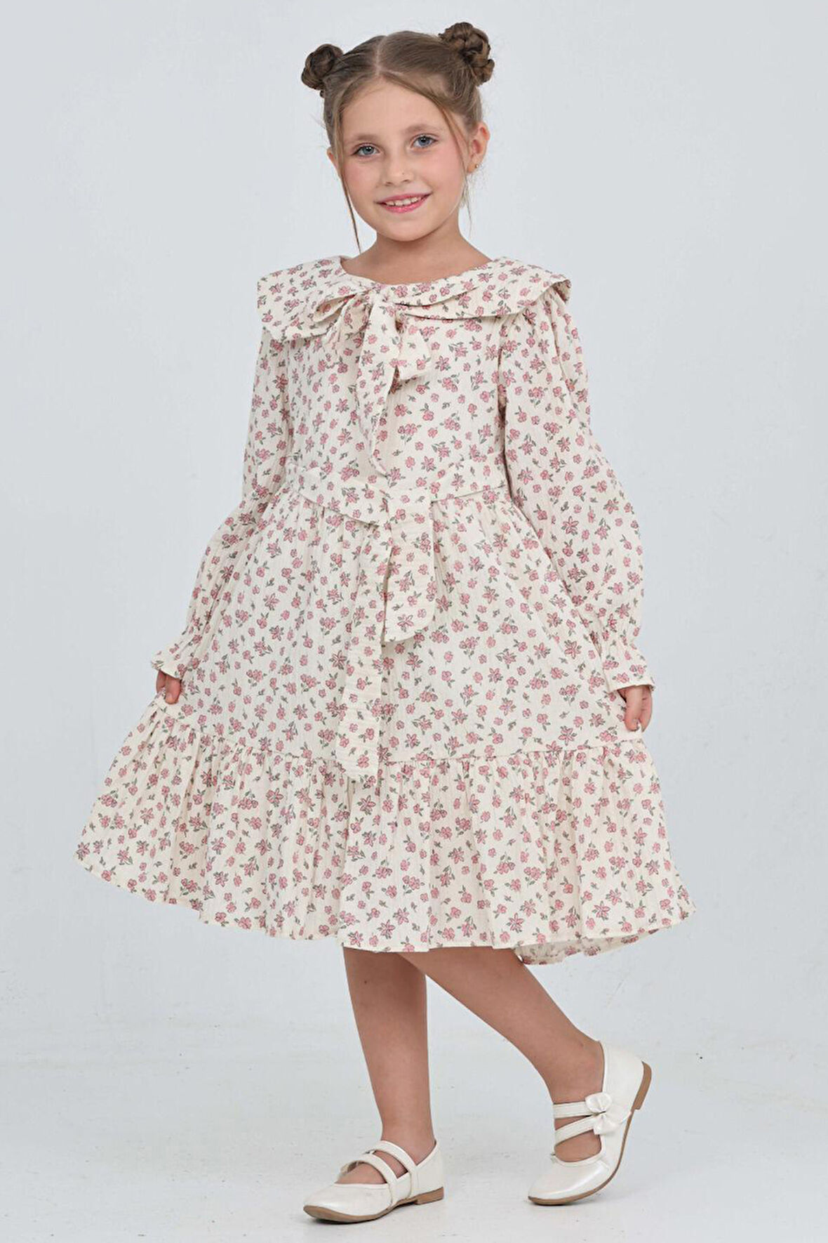 Kız Çocuk Fiyonk Yakalı Bel Kuşaklı Çiçek Desenli Kloş Etekli Elbise 12301