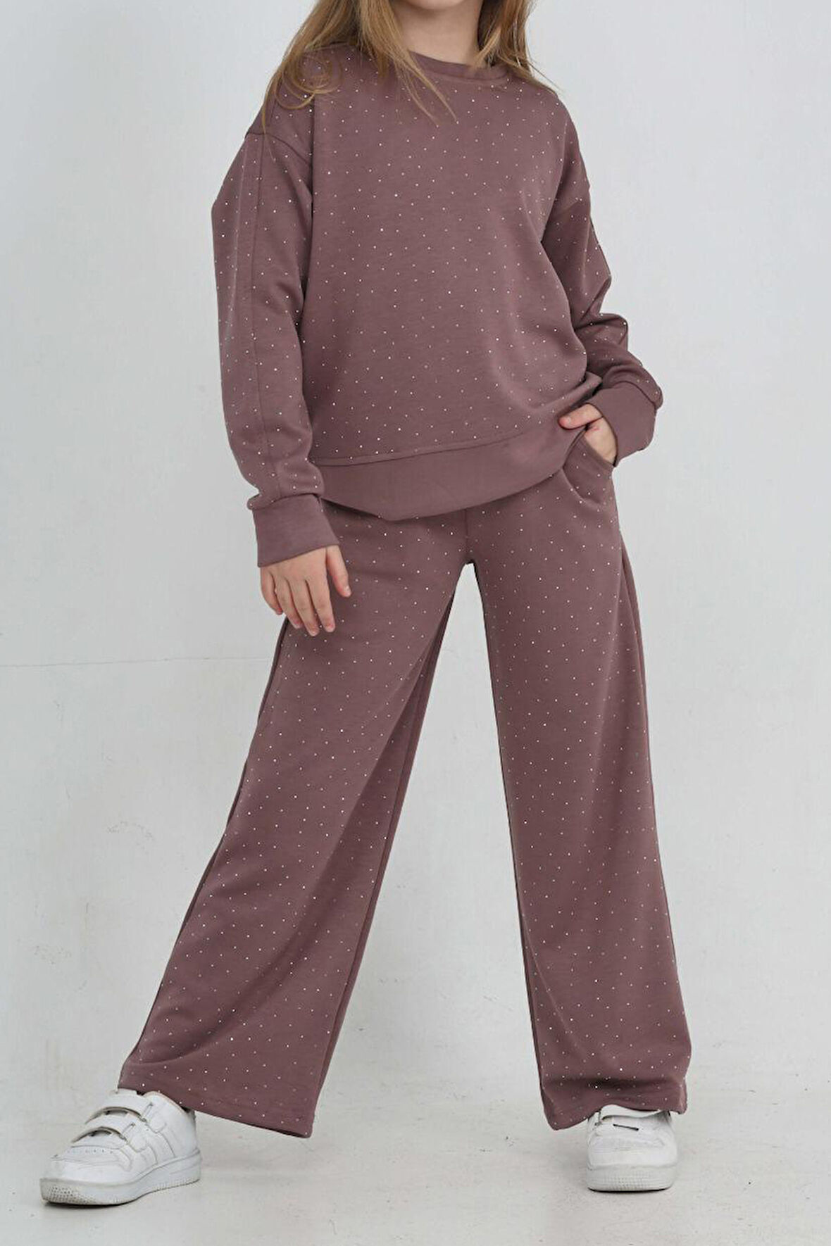 Kız Çocuk Geniş Paçalı Taş Süslemeli Double Face Kumaş  Alt-Üst Takım 12305