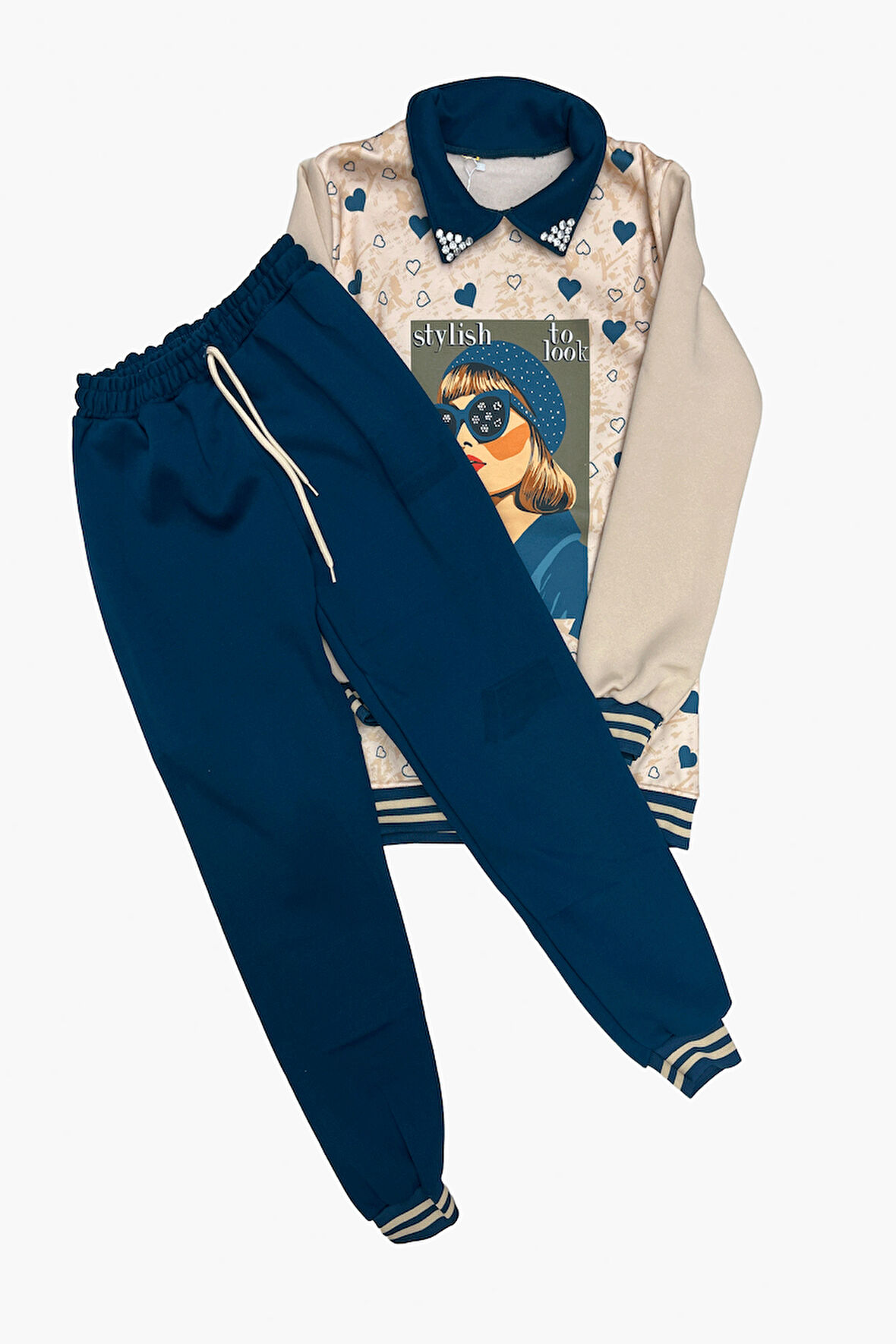 Kız Çocuk Görsel Baskılı Yaka Taşlı 3 İplik Alt Üst Takım 12321