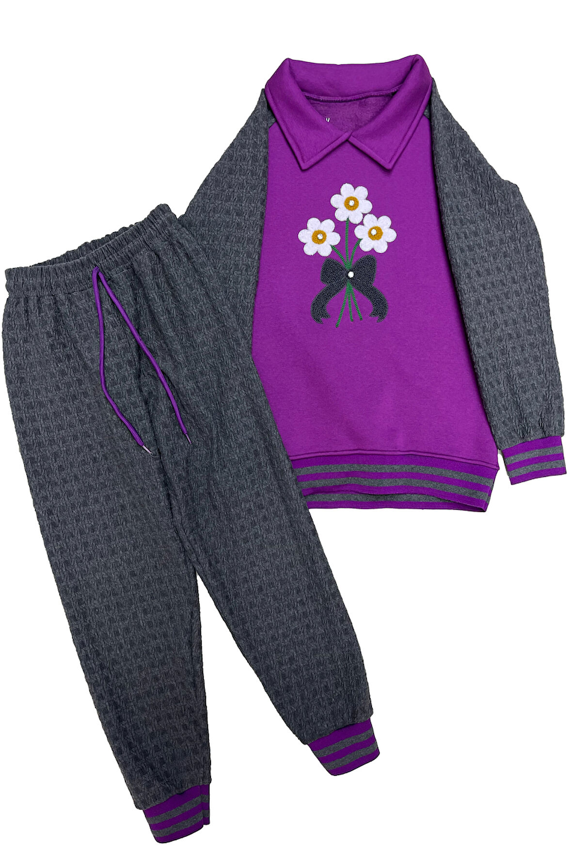 Kız Çocuk Papatya Nakışlı Ribana Detaylı 3 İplik Alt- Üst Takım 12322