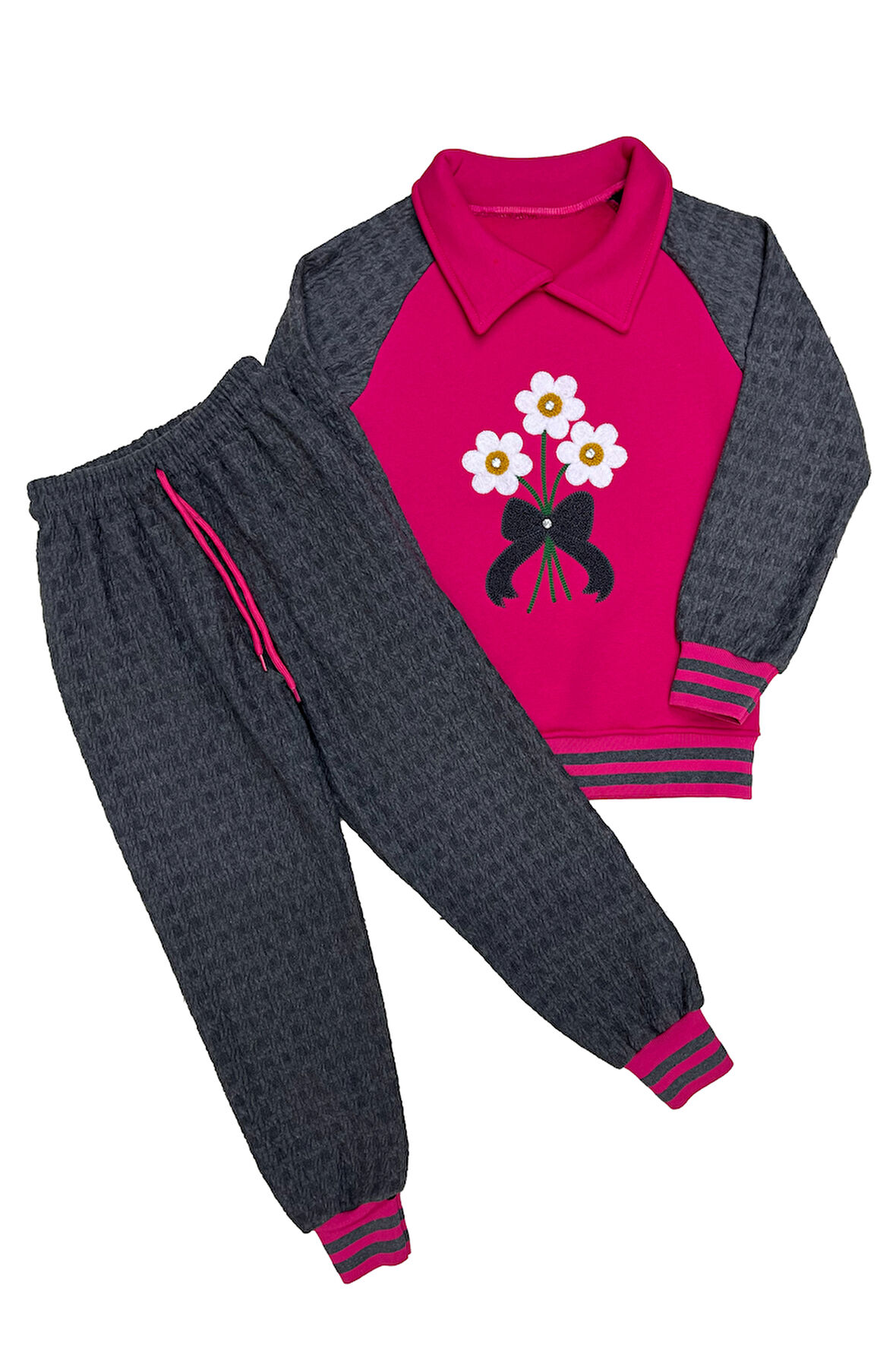 Kız Çocuk Papatya Nakışlı Ribana Detaylı 3 İplik Alt- Üst Takım 12322