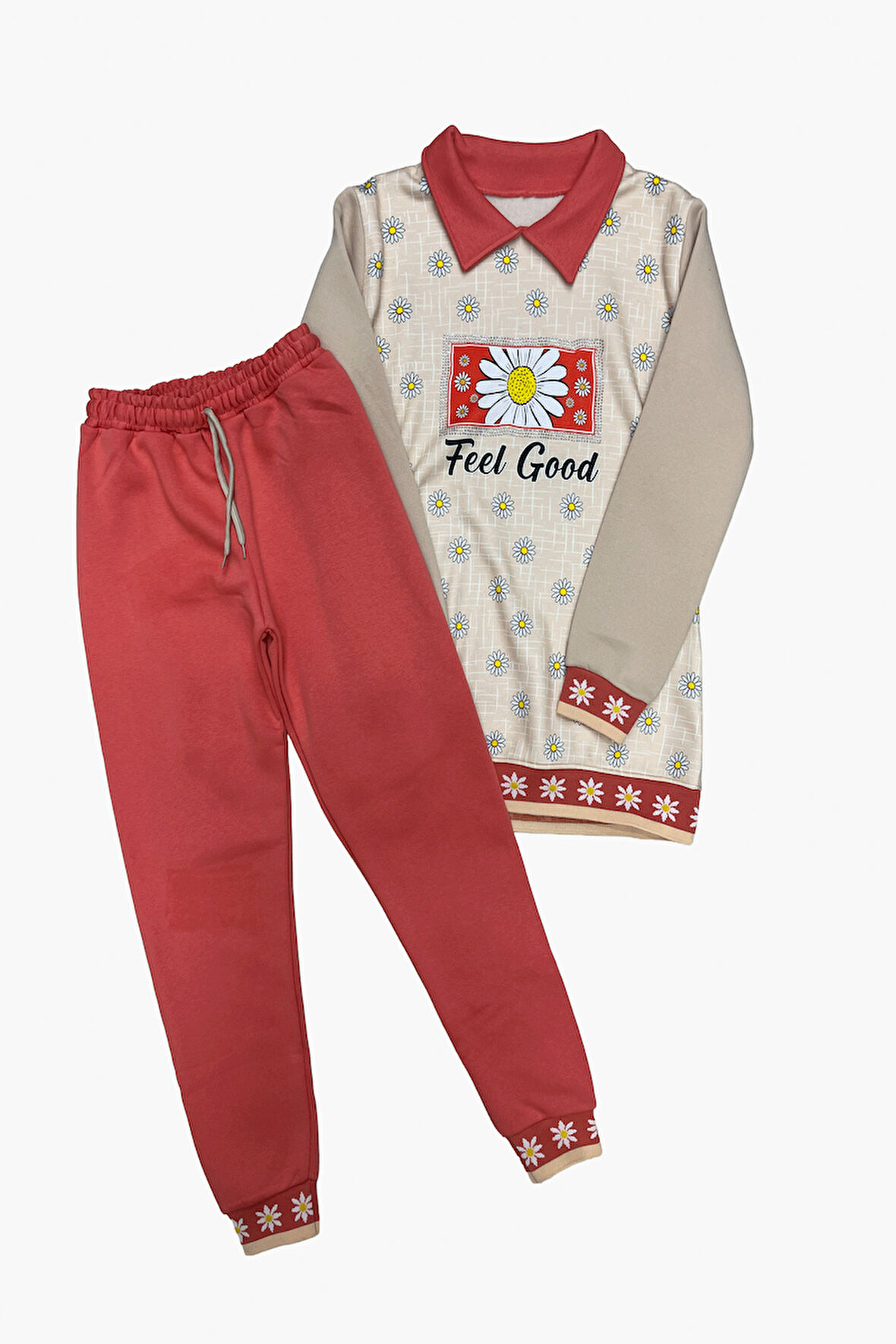 Kız Çocuk Papatya Baskılı Taş Süslemeli 3 İplik  Alt Üst Takım 12324