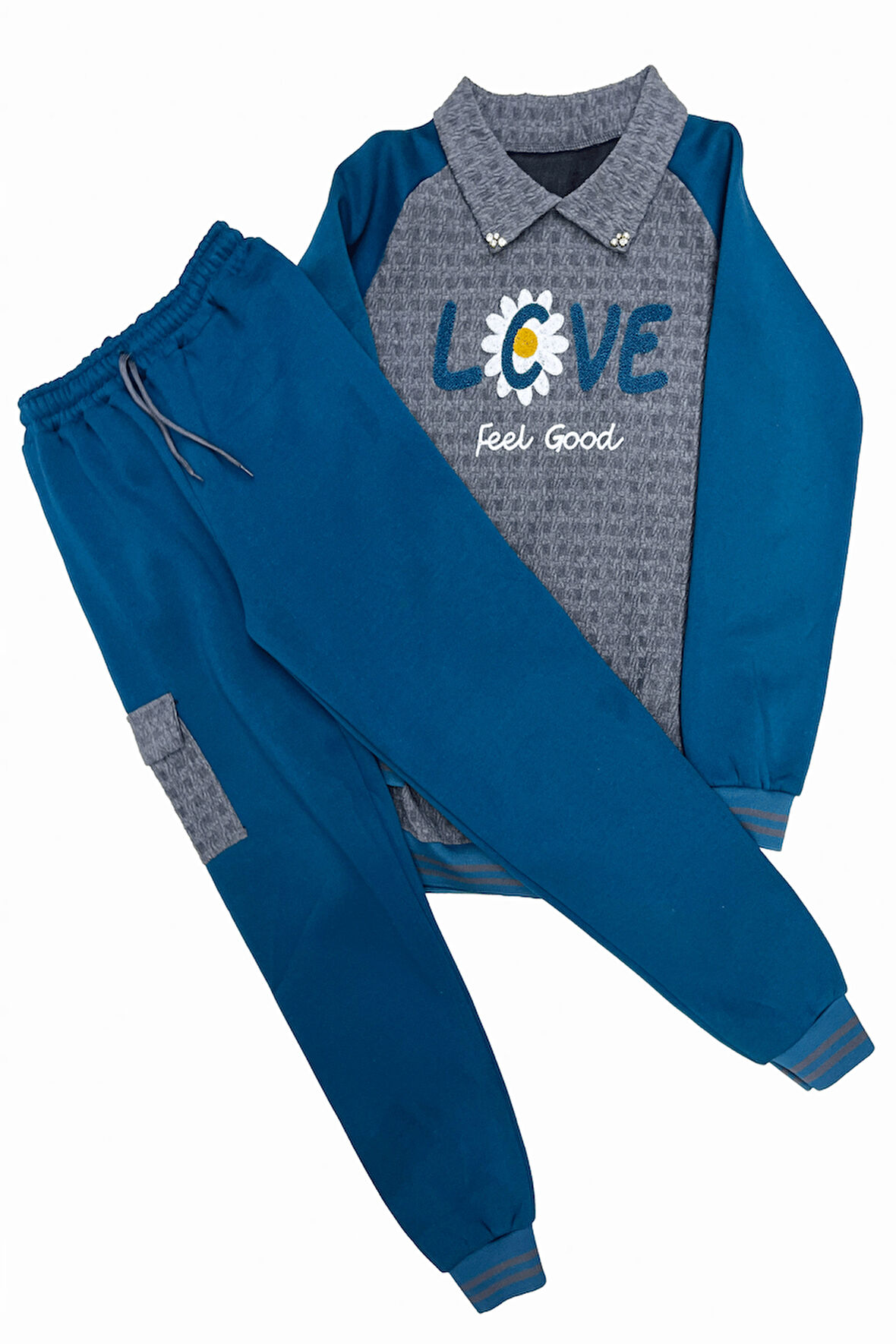 Kız Çocuk Kargo Cepli Gömlek Yakalı ve Yaka Taşlı 3 İplik  Alt Üst Takım 12328