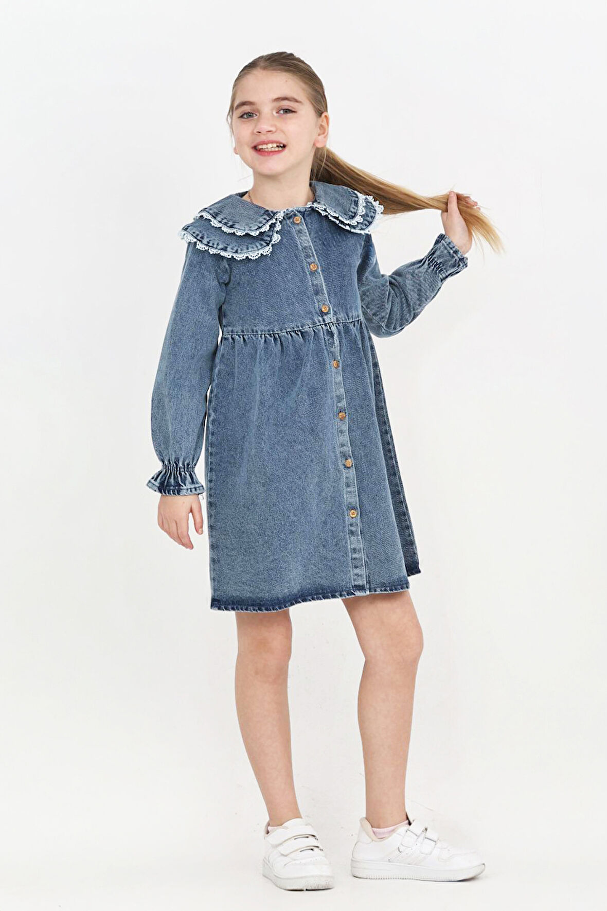 Kız Çocuk Çift Yaka Detaylı ve Boydan Düğmeli Jean Elbise 12341