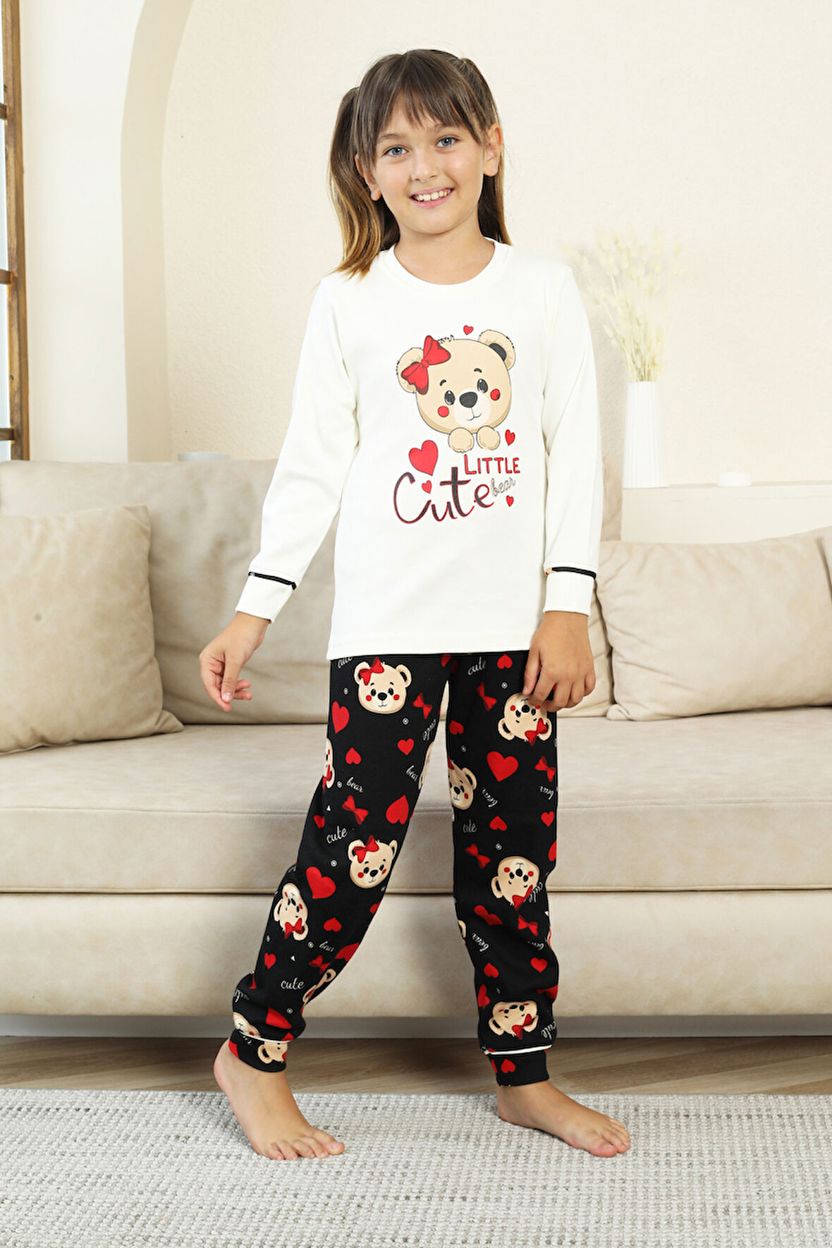 Kız Çocuk Ayıcık Baskılı %100 Pamuk İnterlok Kumaş Pijama Takımı 12347