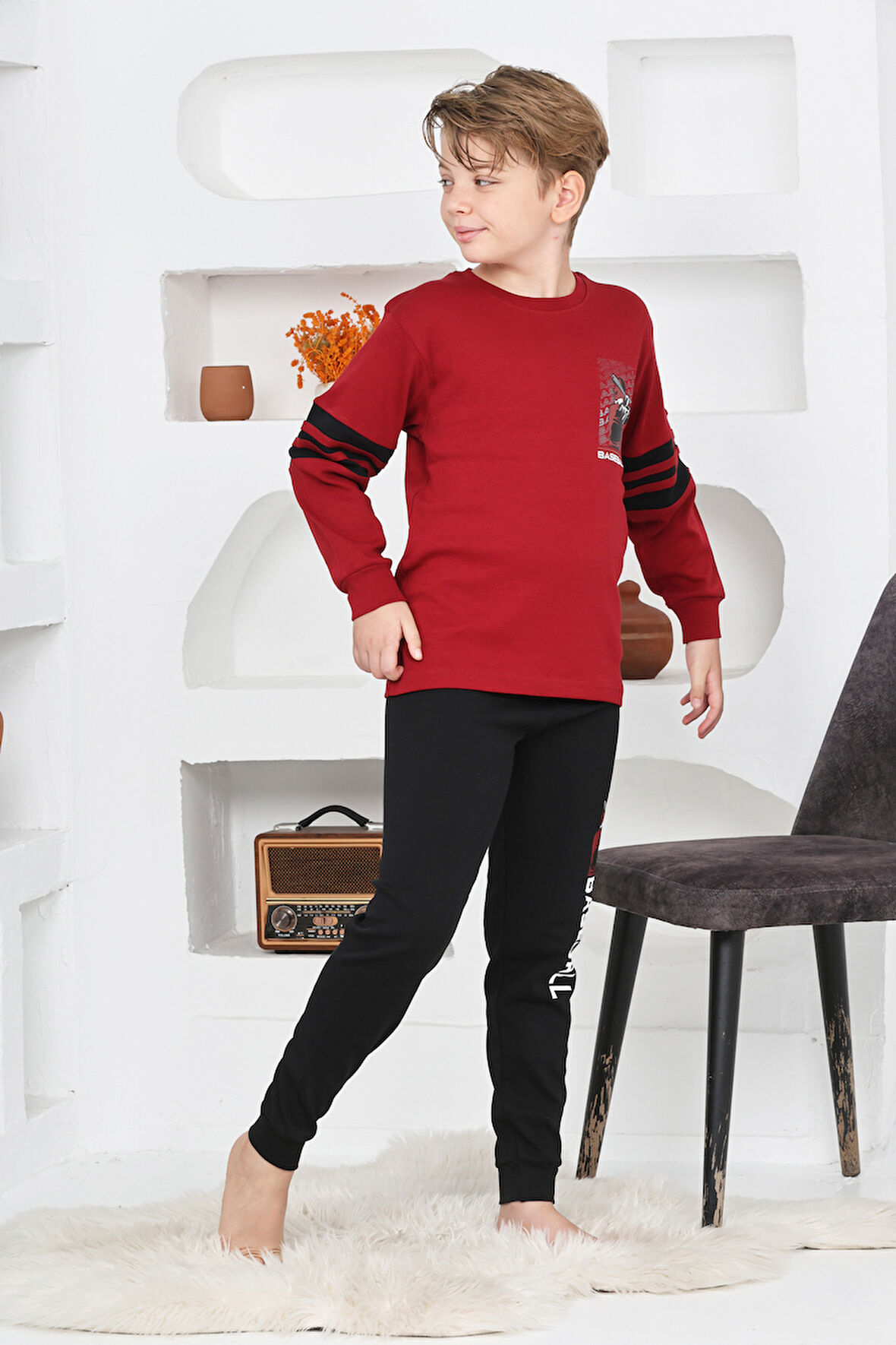 Erkek Çocuk Arkası Baskılı %100 Pamuk İnterlok Kumaş Pijama Takımı 12348