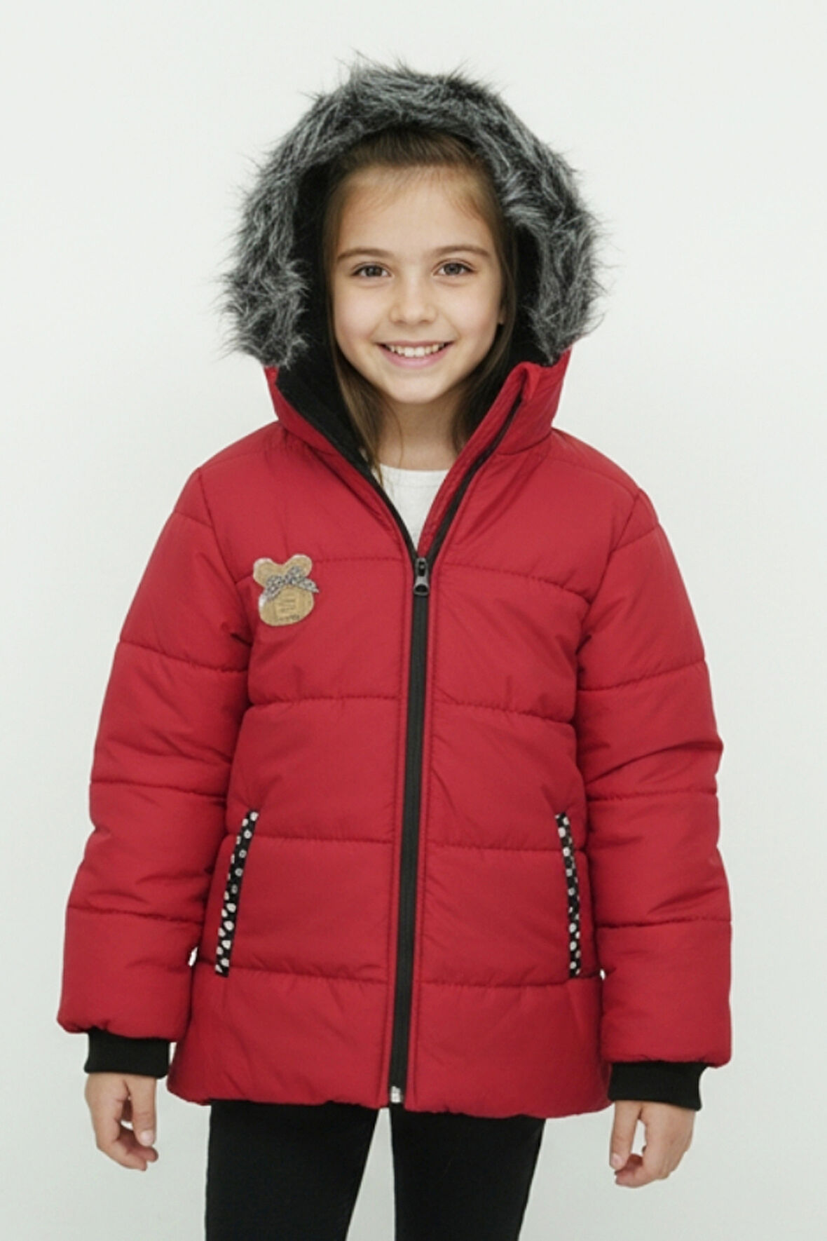 Kız Çocuk Peluş Astarlı - Fermuar Kapatmalı-Kürklü Kapüşonlu Mont 12357