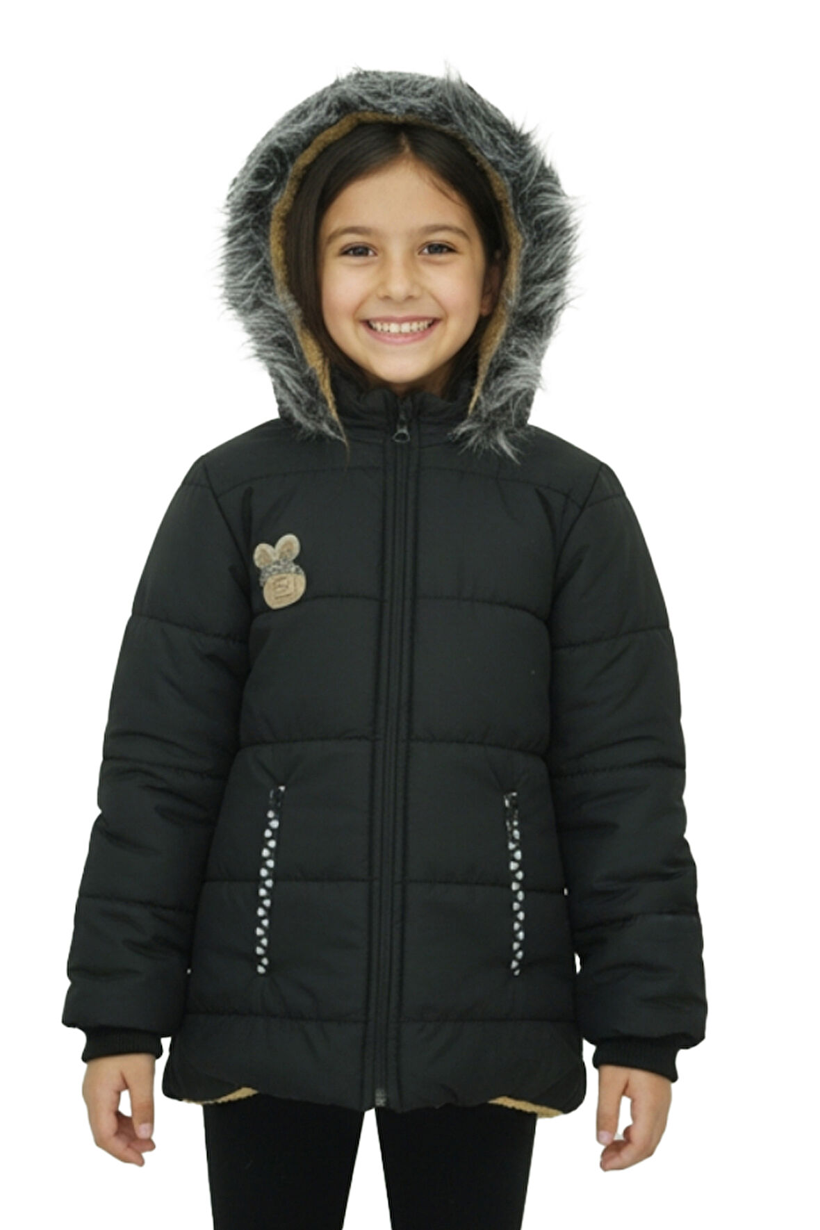 Kız Çocuk Peluş Astarlı - Fermuar Kapatmalı-Kürklü Kapüşonlu Mont 12357