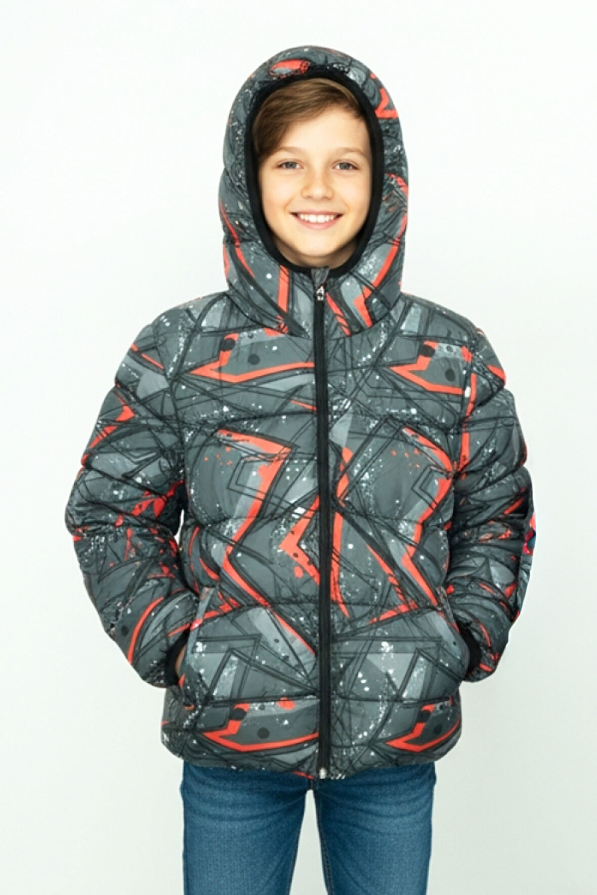 Erkek Çocuk Desenli-İçi Polar Astarlı-Kapüşonlu-Fermuarlı Mont 12360