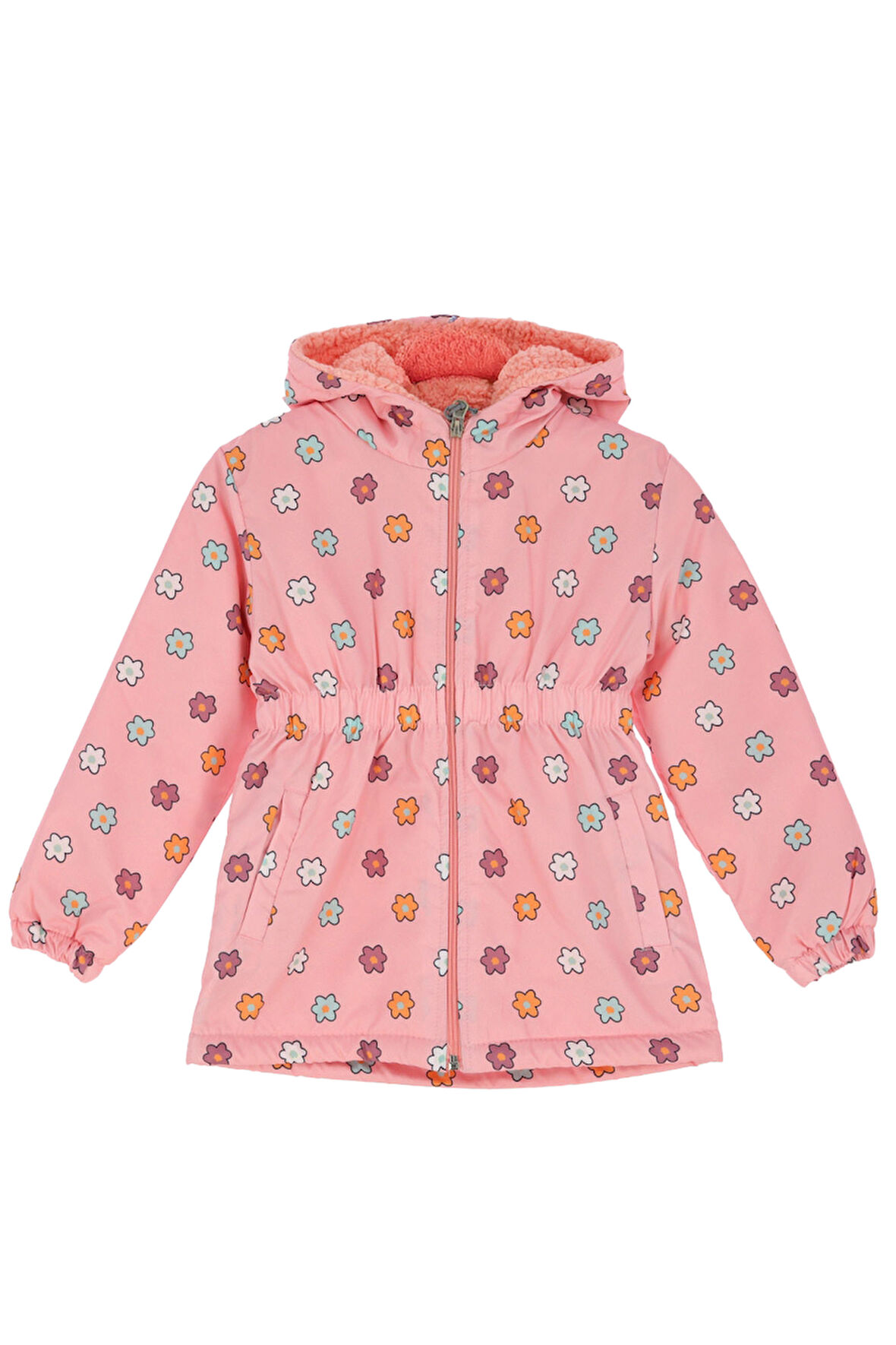 Kız Çocuk İçi Peluş Astarlı-Desenli-Kapüşonlu-Beli Lastikli Mont 12363