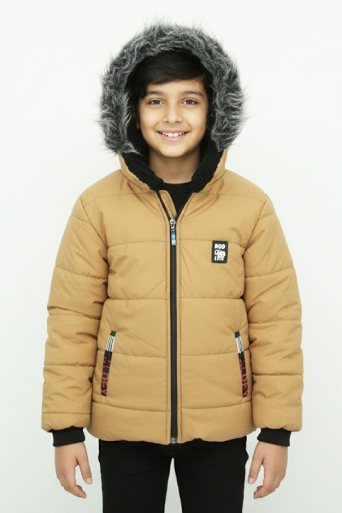 Erkek Çocuk İçi Peluş Astarlı-Kürk Kapüşonlu-Fermuarlı Mont 12369