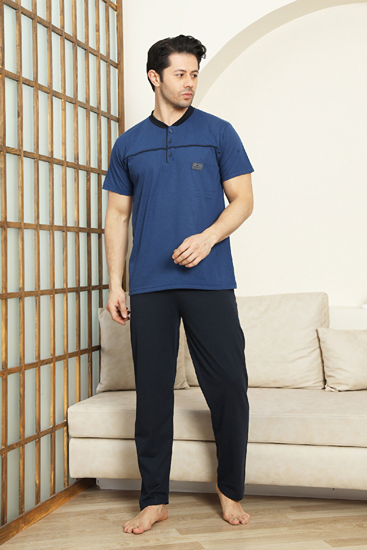 Erkek %100 Pamuk Pijama Takımı -3 Düğmeli-Robalı 12383