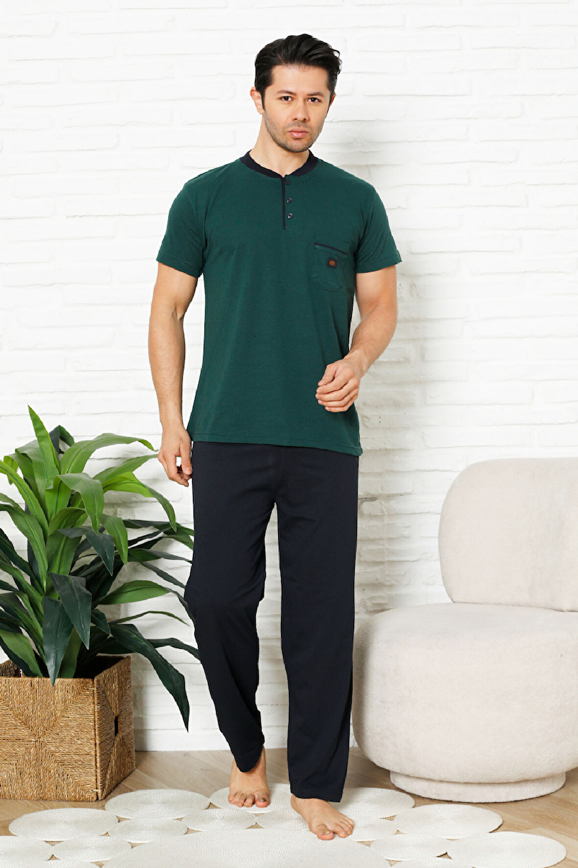 Erkek %100 Pamuklu Pijama Takımı-3 Düğmeli-Yaka Cepli 12384