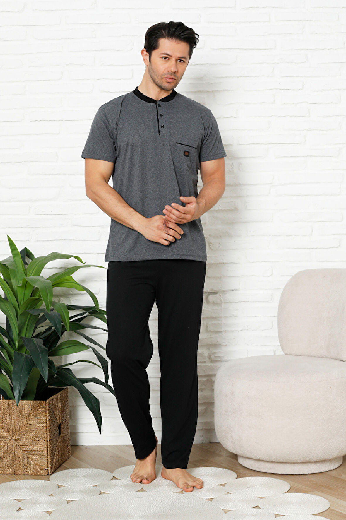 Erkek %100 Pamuklu Pijama Takımı-3 Düğmeli-Yaka Cepli 12384