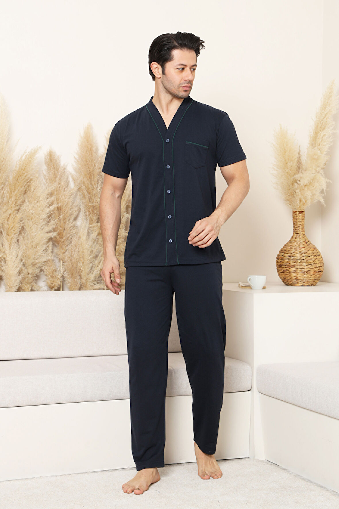 Erkek Boydan Düğmeli %100 Pamuklu Pijama Takımı 12385