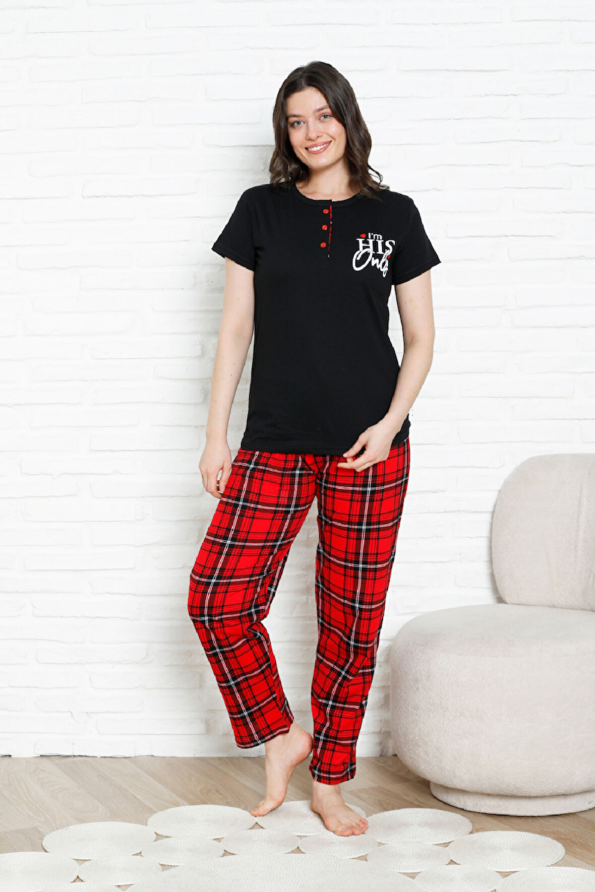 Kadın Pijama Takımı - Ekose Altlı- 3 Düğmeli-%100 Pamuklu 12387