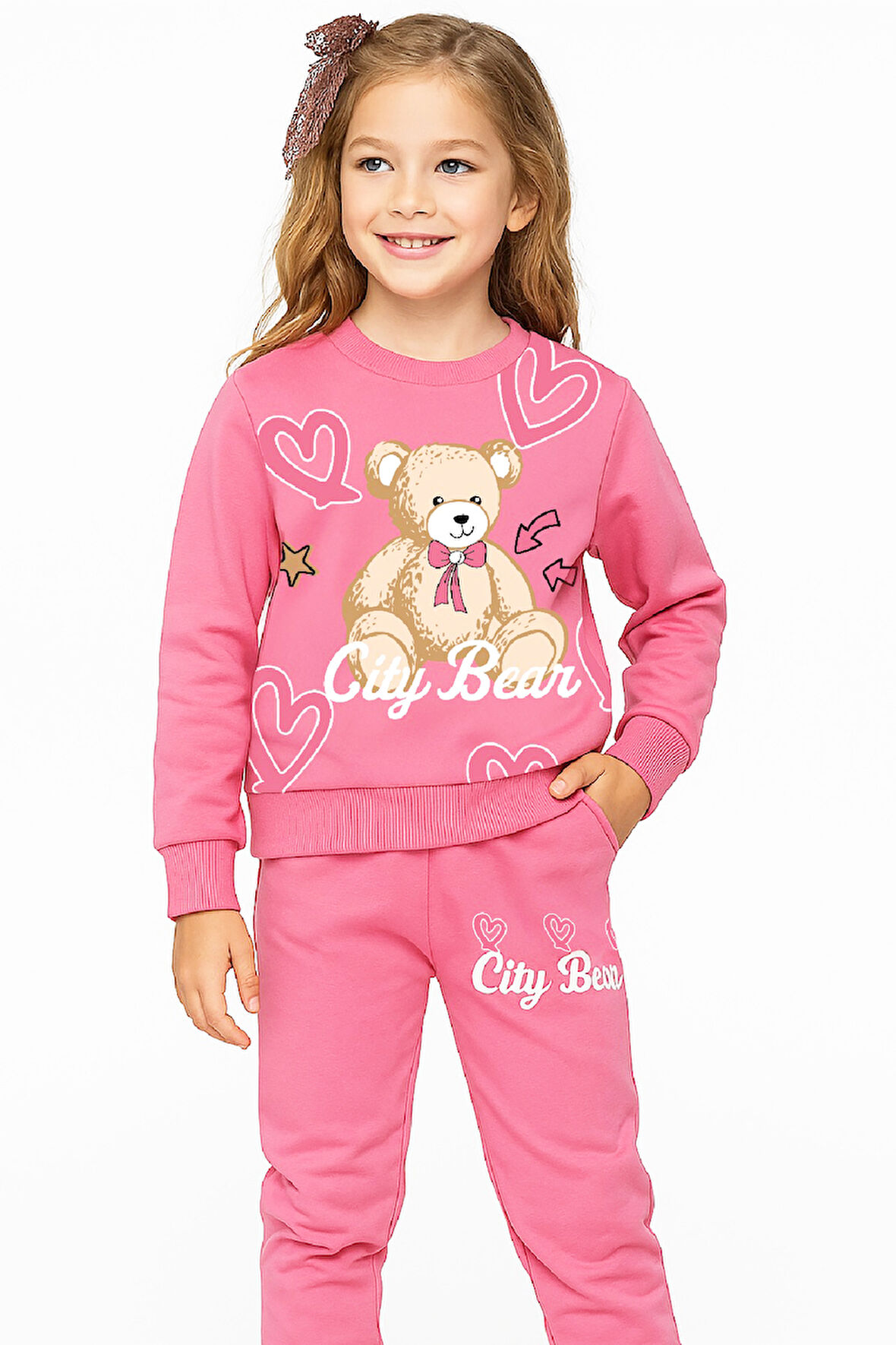 Kız Çocuk 2 İplik Şardonsuz Ayıcık Baskılı Alt-Üst Takım-3 -10 Yaş 12415