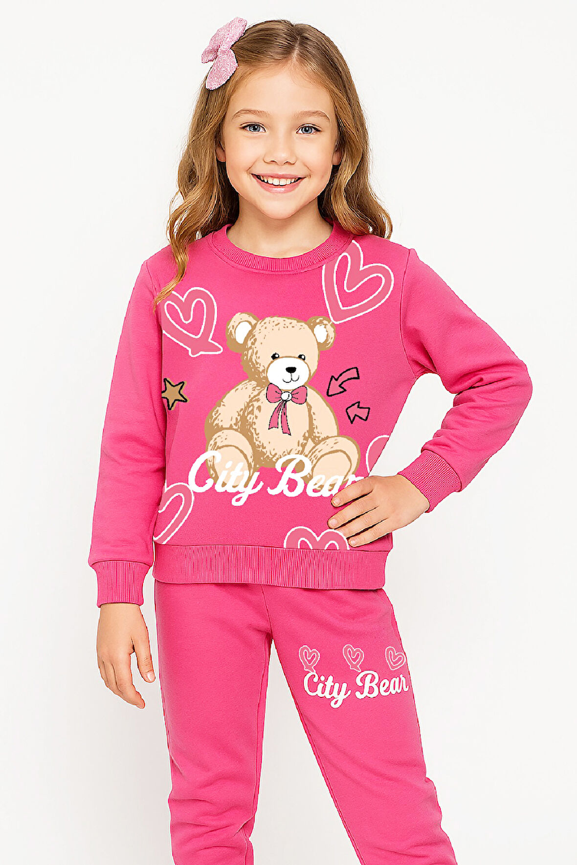 Kız Çocuk 2 İplik Şardonsuz Ayıcık Baskılı Alt-Üst Takım-3 -10 Yaş 12415