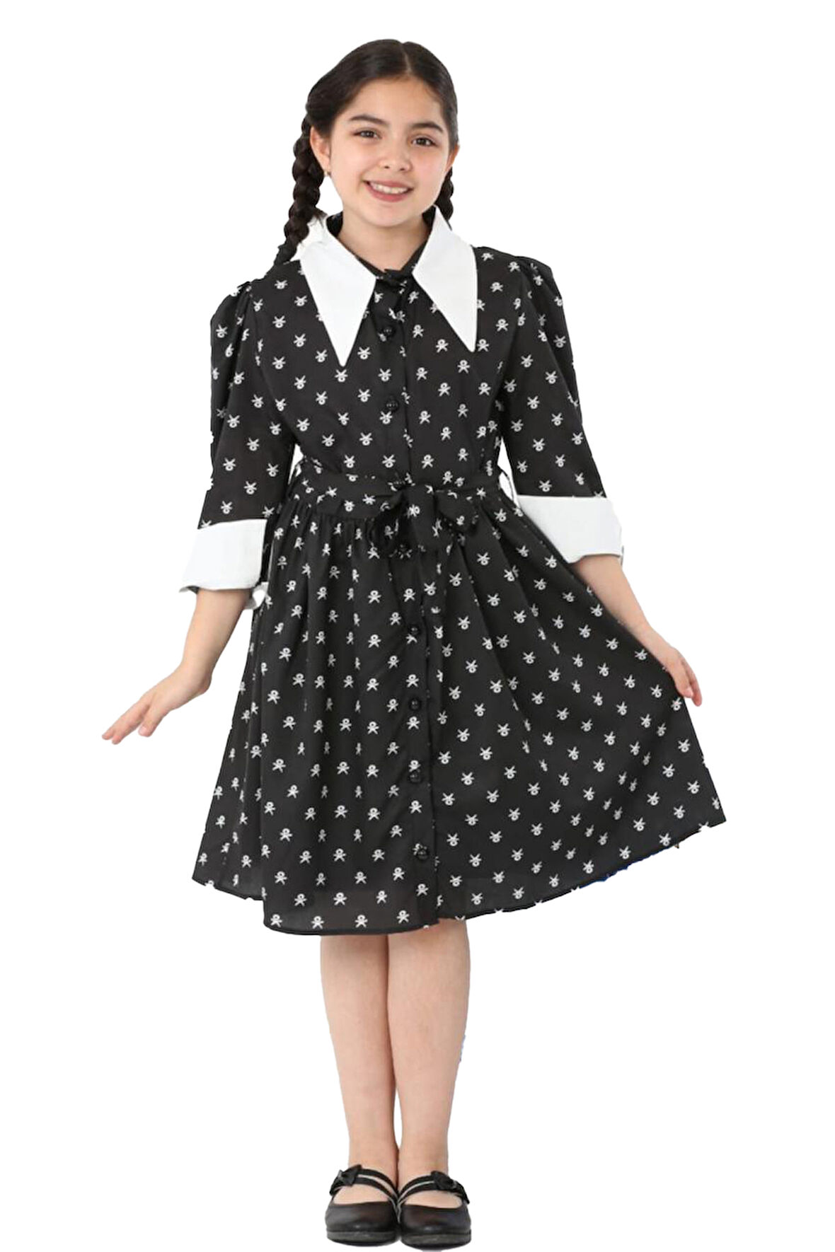 Kız Çocuk Elbise Yaka ve Manşet Detaylı Boydan Düğmeli ve Kuşaklı 7-12 Yaş 12420